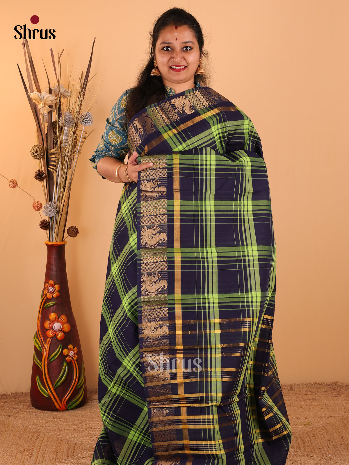 Navy Blue with Green - Chettinad Cotton saree - DDS09264 - Shop on Shrus.com