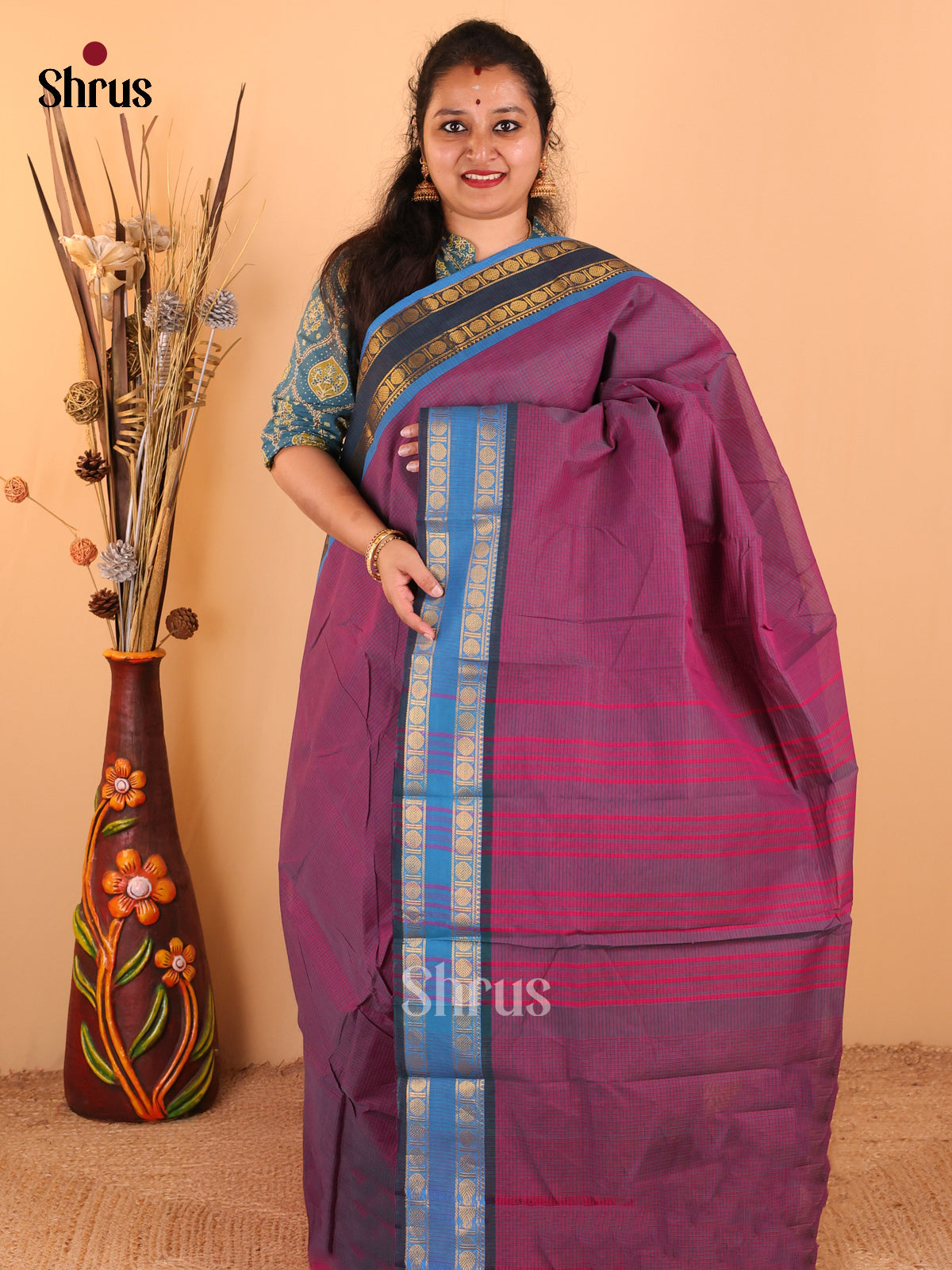 Dual Tone Pink with Peacock Blue - Chettinad Cotton saree - DDS09266 - Shop on Shrus.com