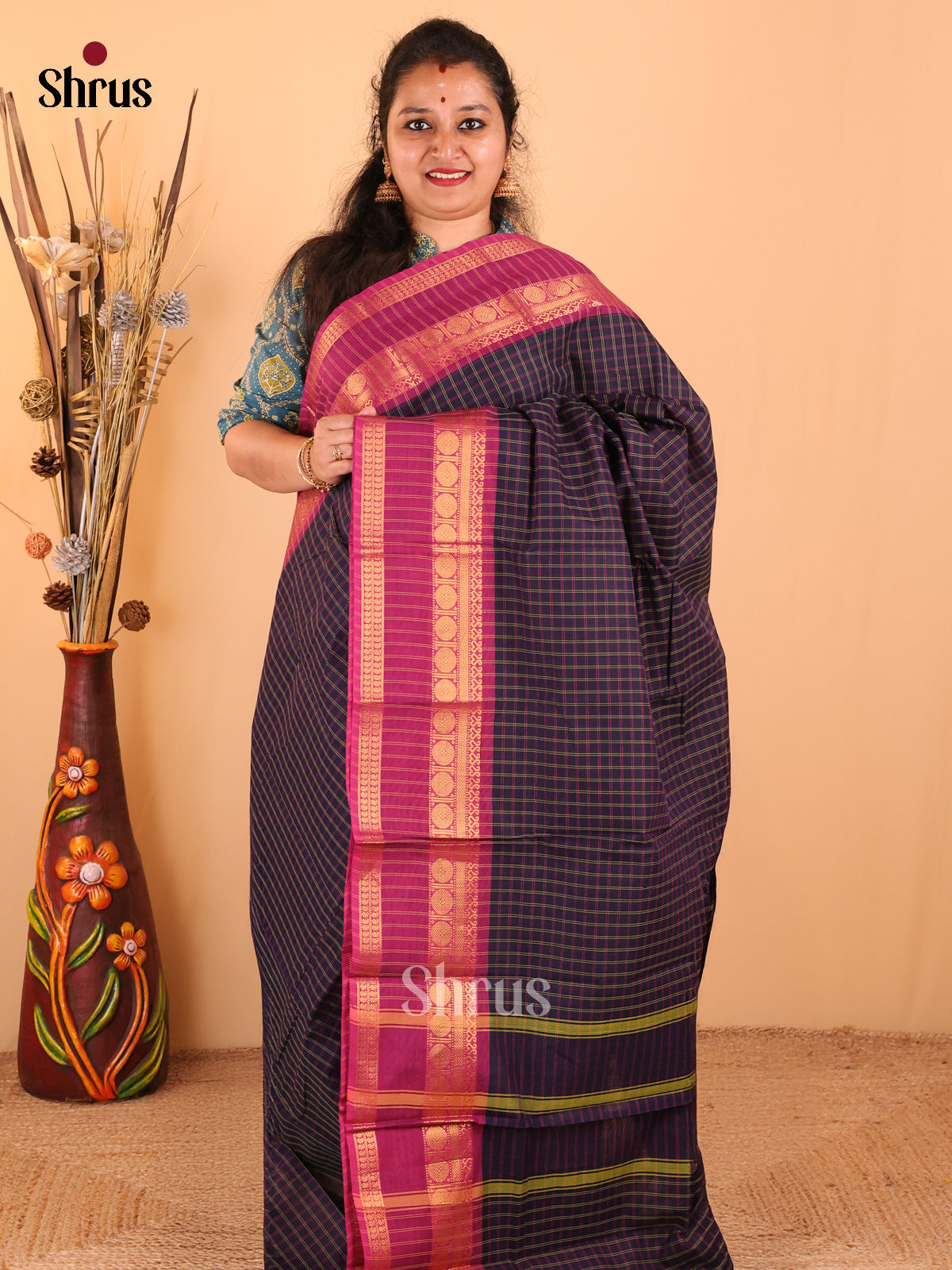 Navy blue with pink - Chettinad Cotton saree - DDS09268 - Shop on Shrus.com