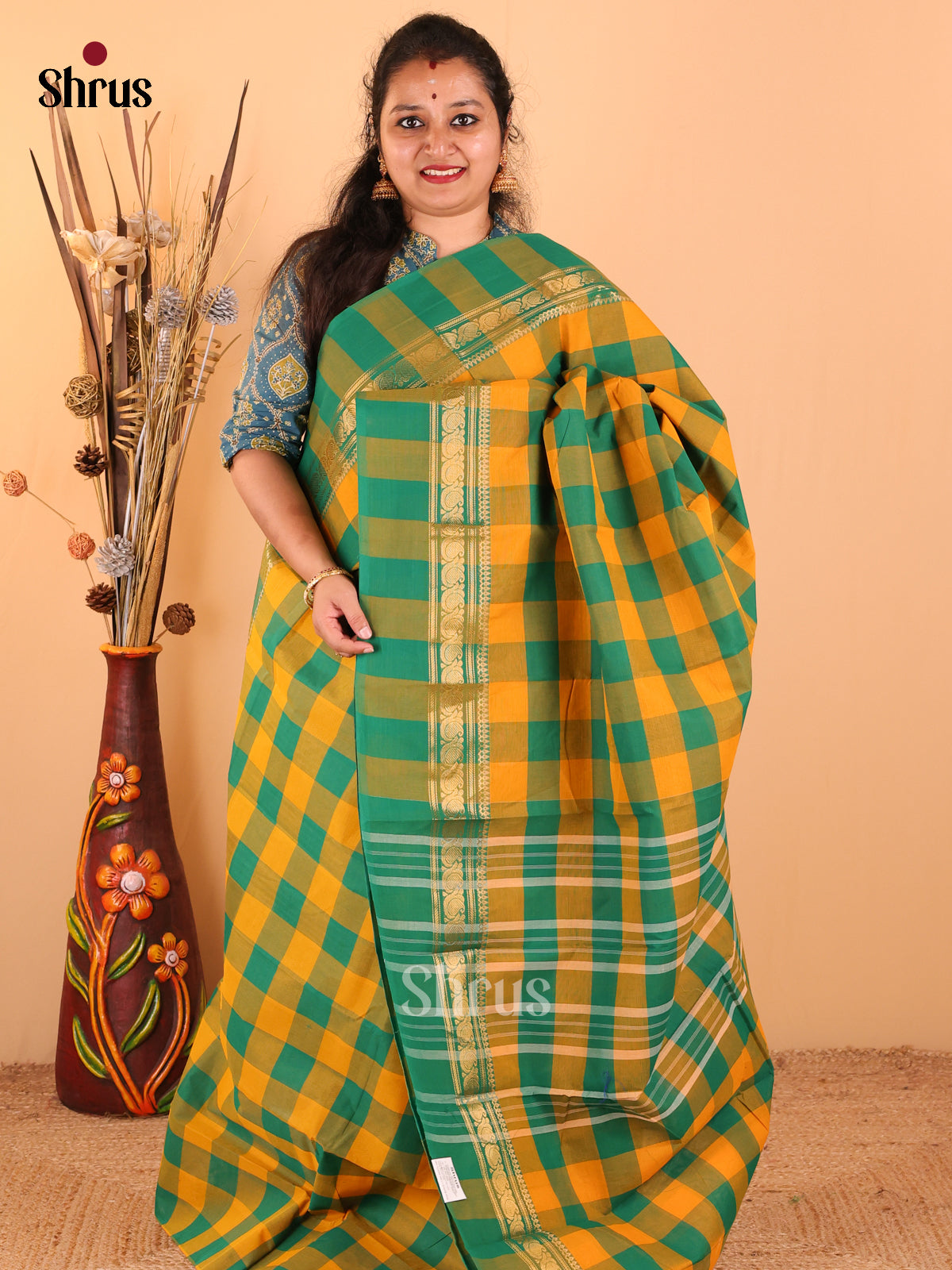 Mustrad yellow with Teal Green - Chettinad Cotton saree - DDS09274 - Shop on Shrus.com