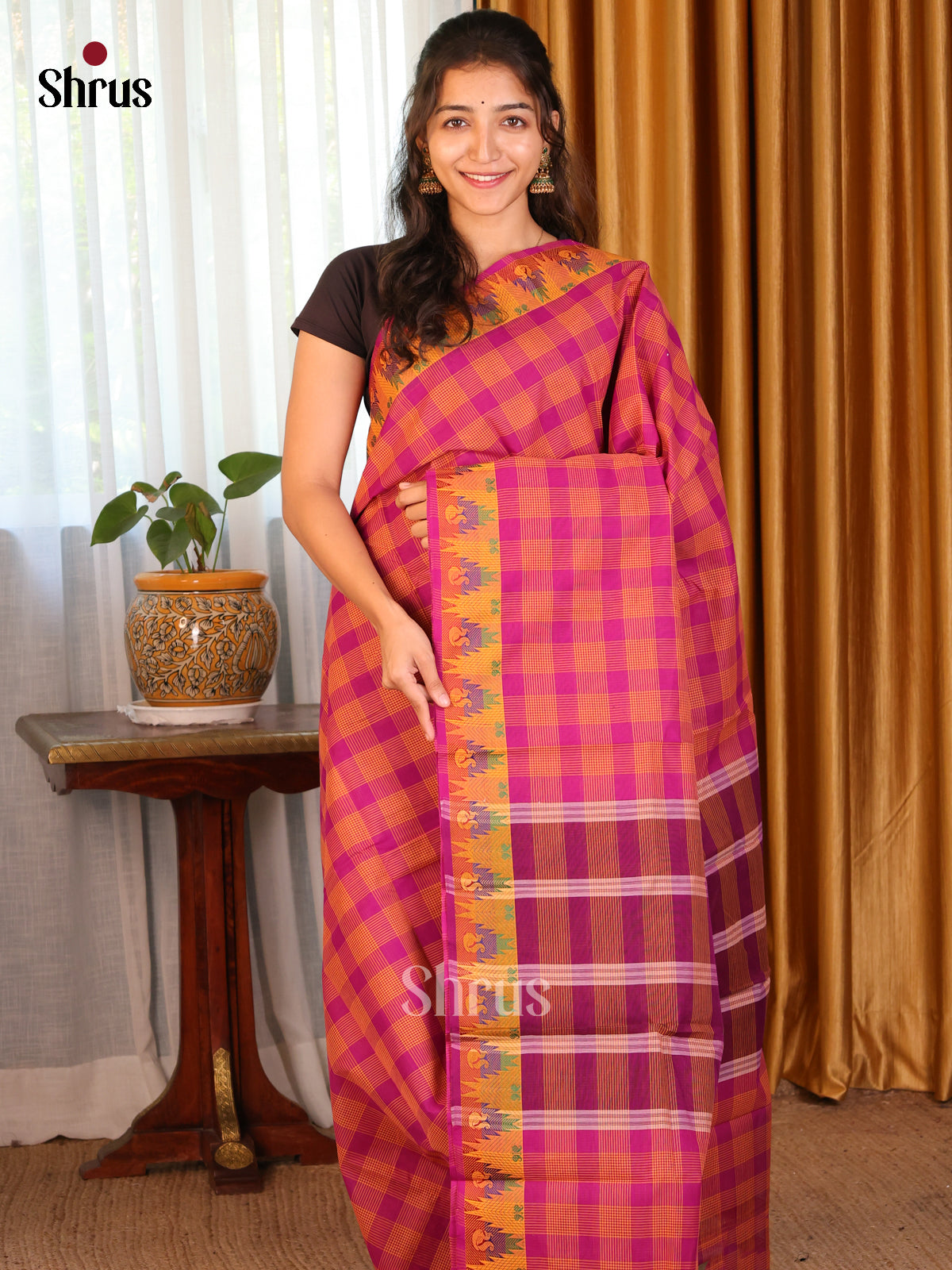 Pink with Mustard - DDS09278 - Chettinad Cotton Saree - Shop on Shrus.com