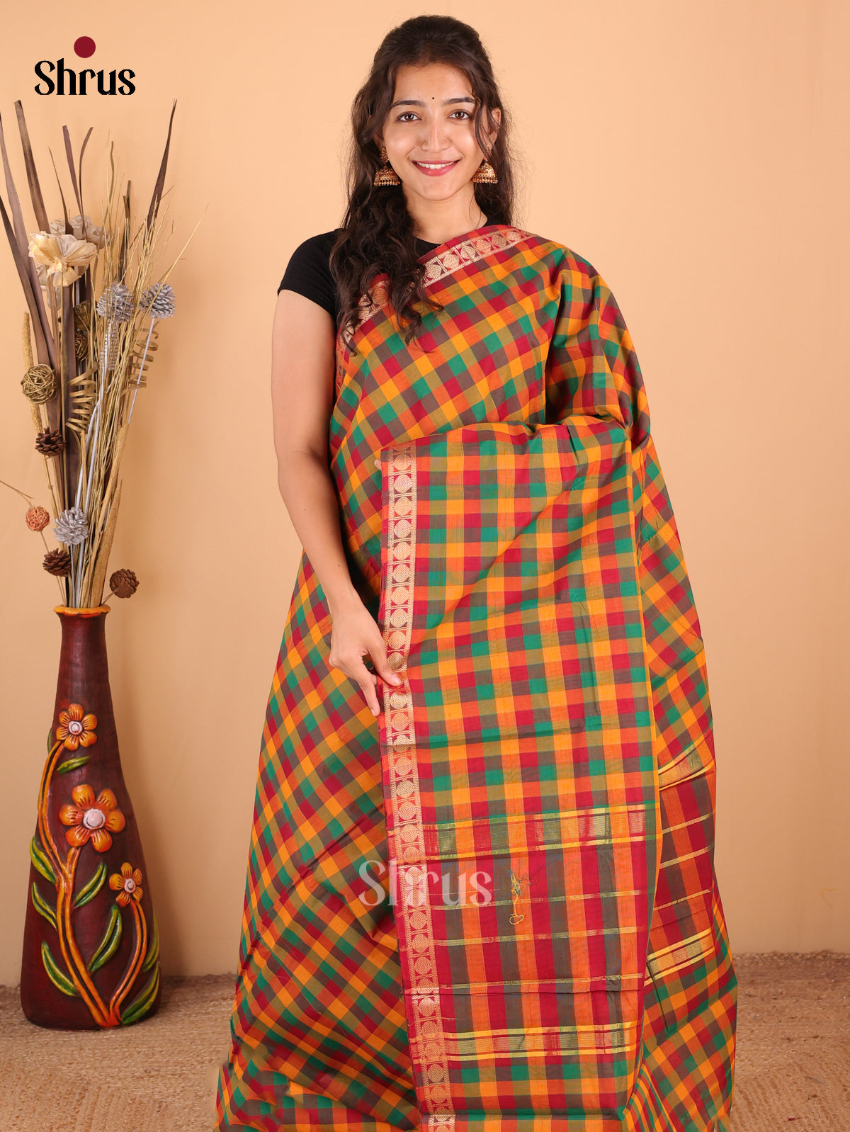 Multi Colour - Chettinad Cotton Saree - DDS09280 - Shop on Shrus.com
