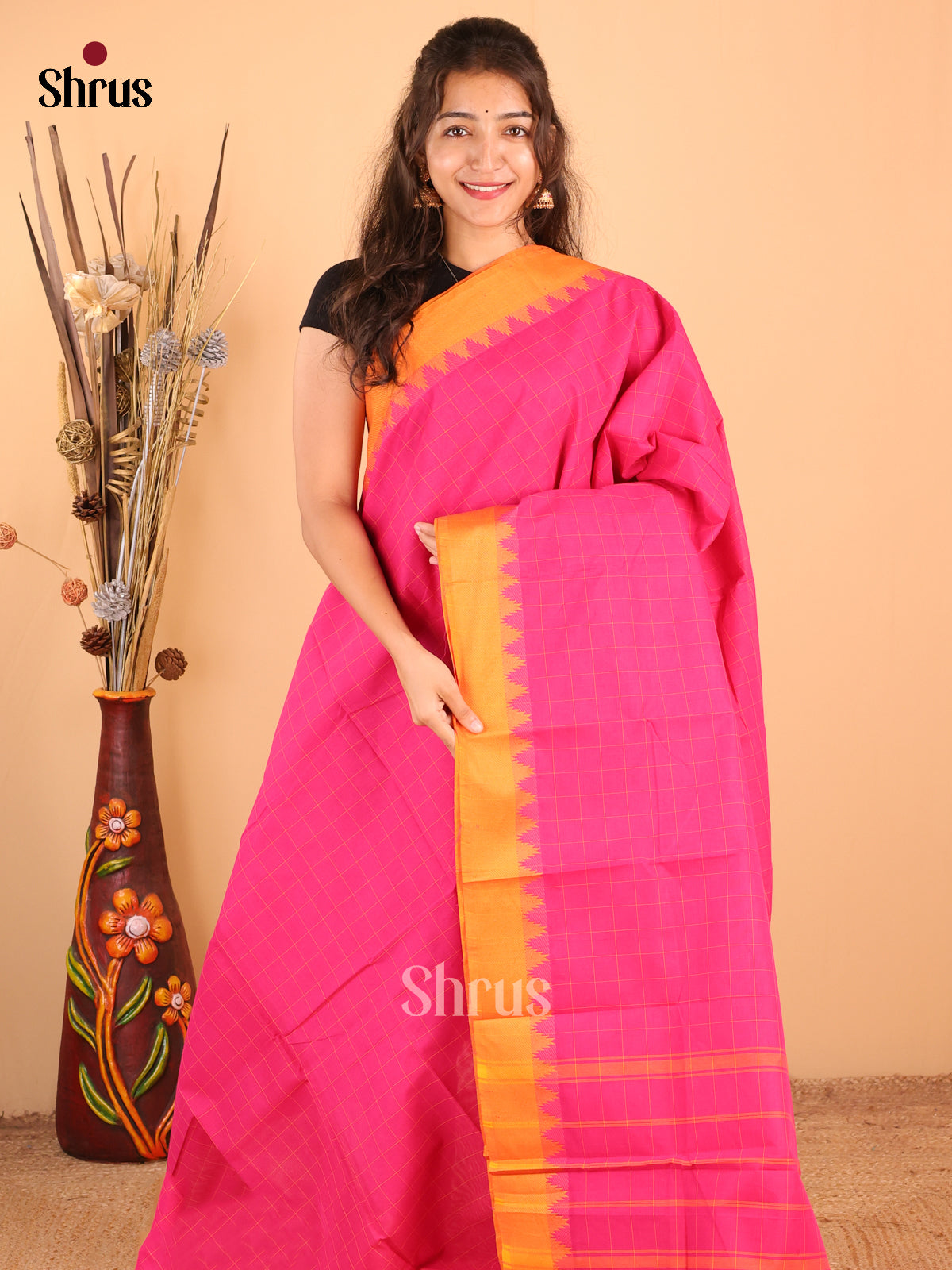 Pink with orange - Chettinad Cotton Saree - DDS09282 - Shop on Shrus.com
