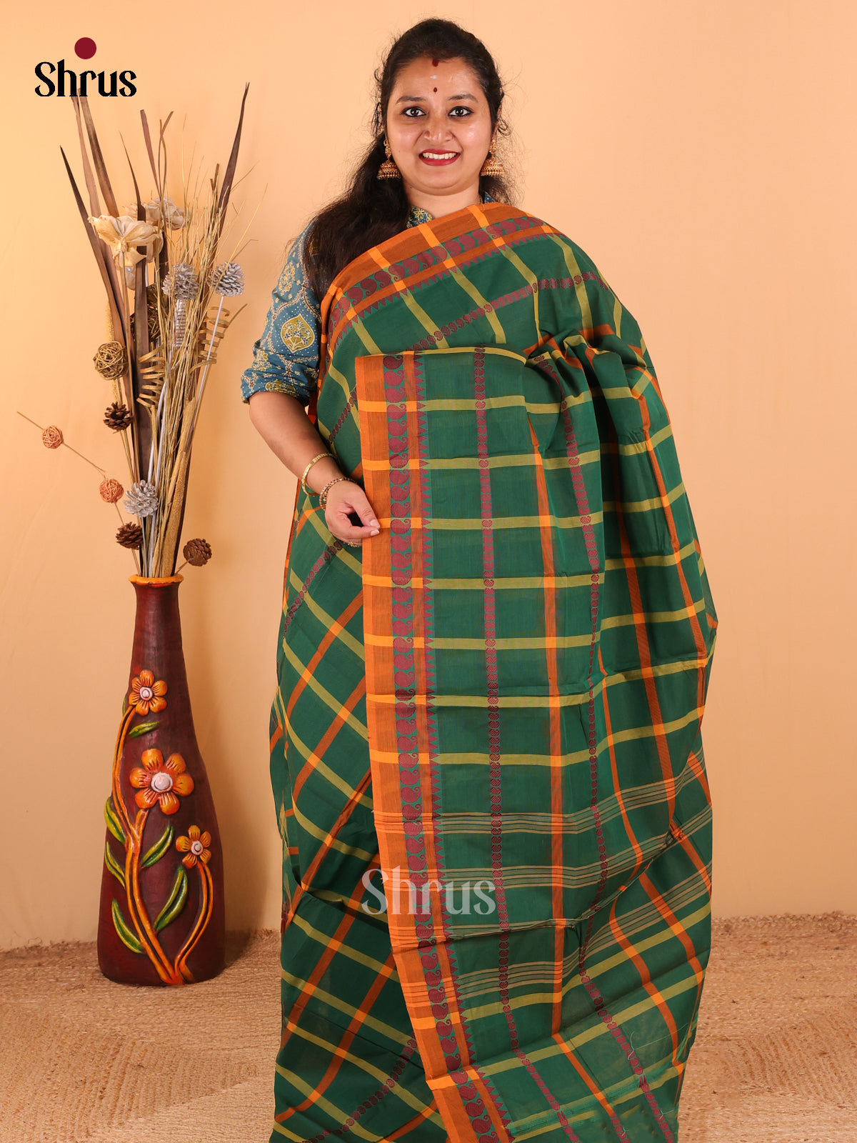 Dark green with orange - Chettinad Cotton saree - DDS09288 - Shop on Shrus.com