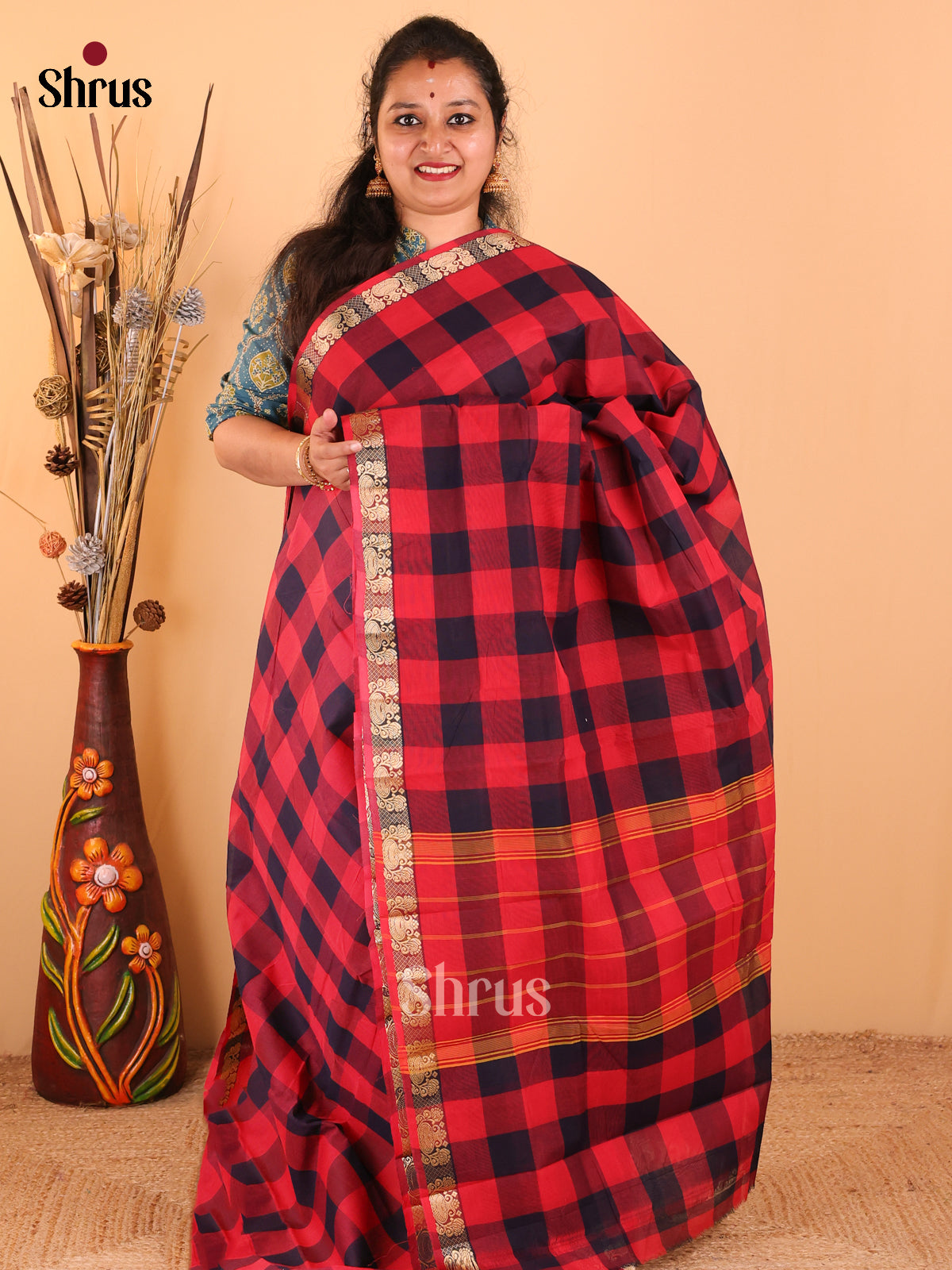 Navy Blue with red - Chettinad Cotton saree - DDS09291 - Shop on Shrus.com