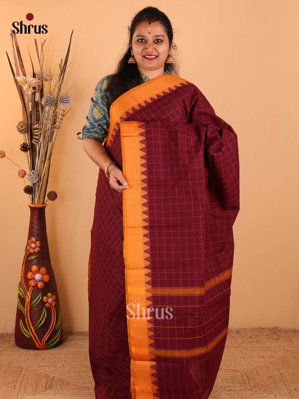 Maroon with Orange - Chettinad Cotton saree - DDS09293 - Shop on Shrus.com