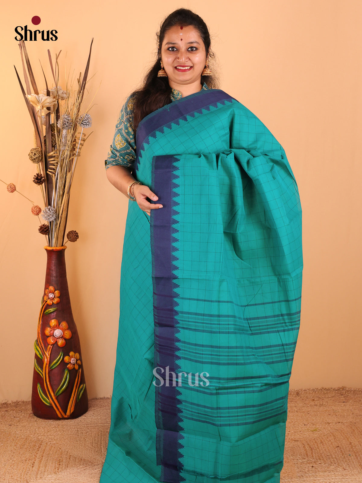 Teal Green with Navy Blue - Chettinad Cotton saree - DDS09297 - Shop on Shrus.com