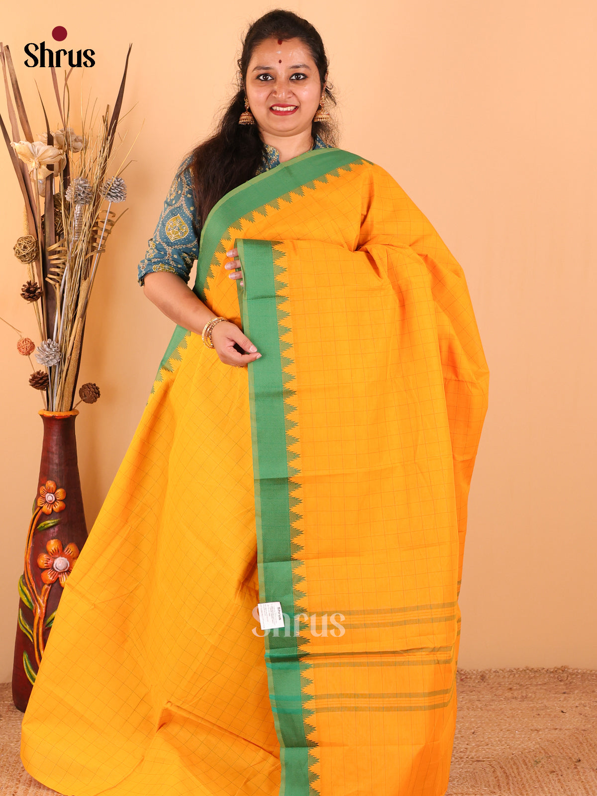 Yellow with Green - Chettinad Cotton saree - DDS09298 - Shop on Shrus.com
