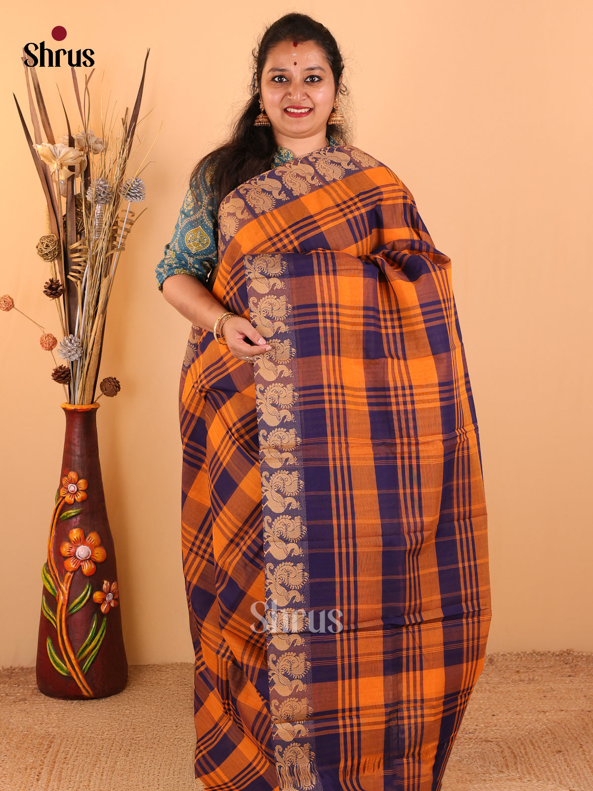 Orange with Navy Blue - Chettinad Cotton saree - DDS09302 - Shop on Shrus.com