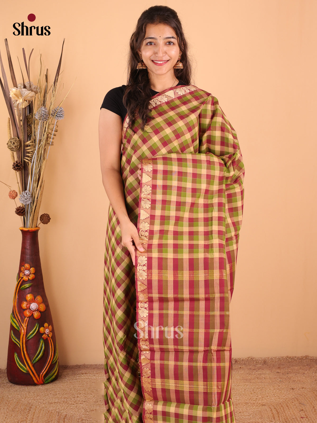 Maroon with Olive Green - Chettinad Cotton Saree - DDS09306 - Shop on Shrus.com
