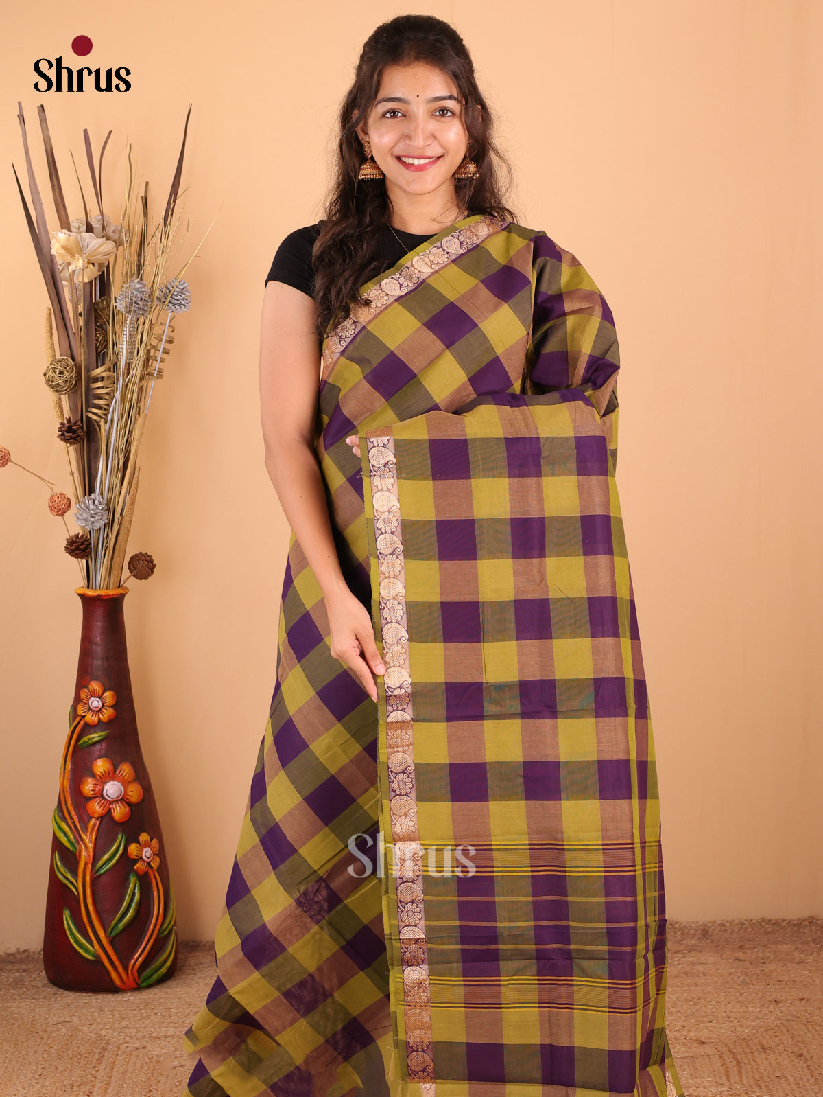 Olive Green with Purple - Chettinad Cotton Saree - DDS09307 - Shop on Shrus.com