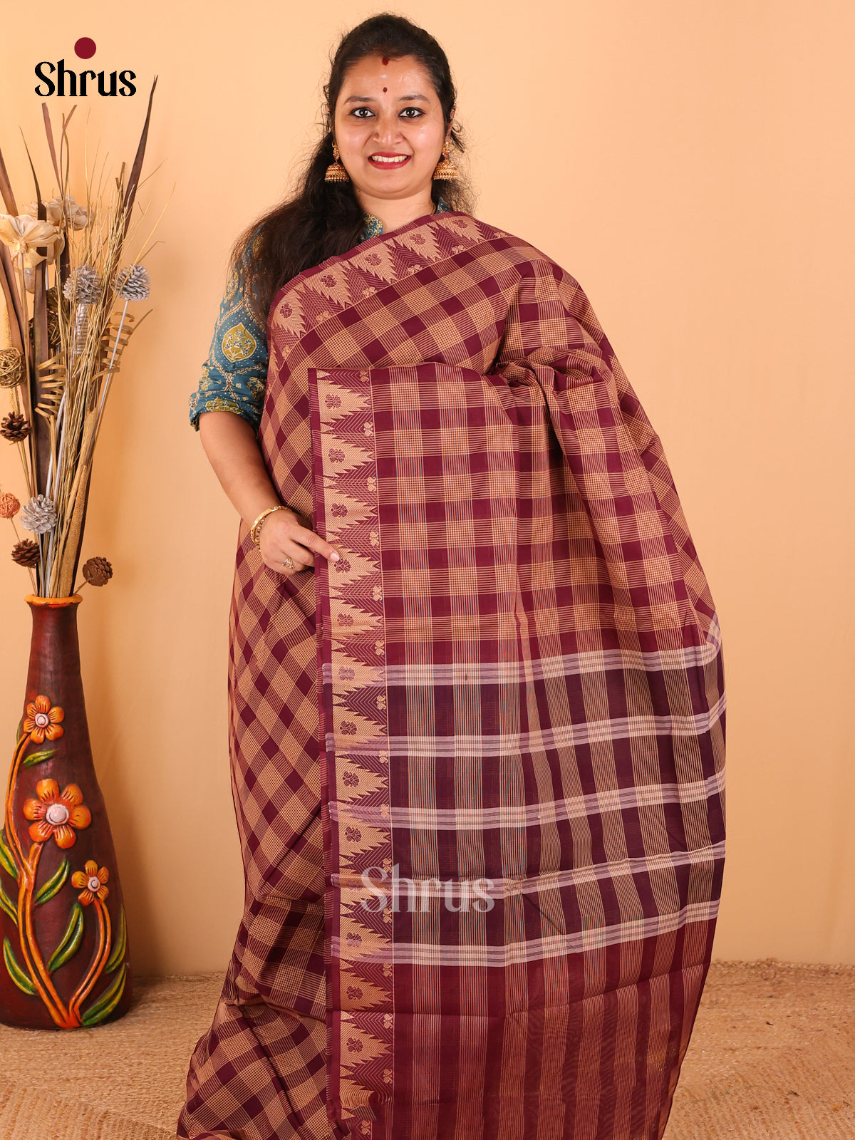 Plum with Sandal - Chettinad Cotton saree - DDS09313 - Shop on Shrus.com