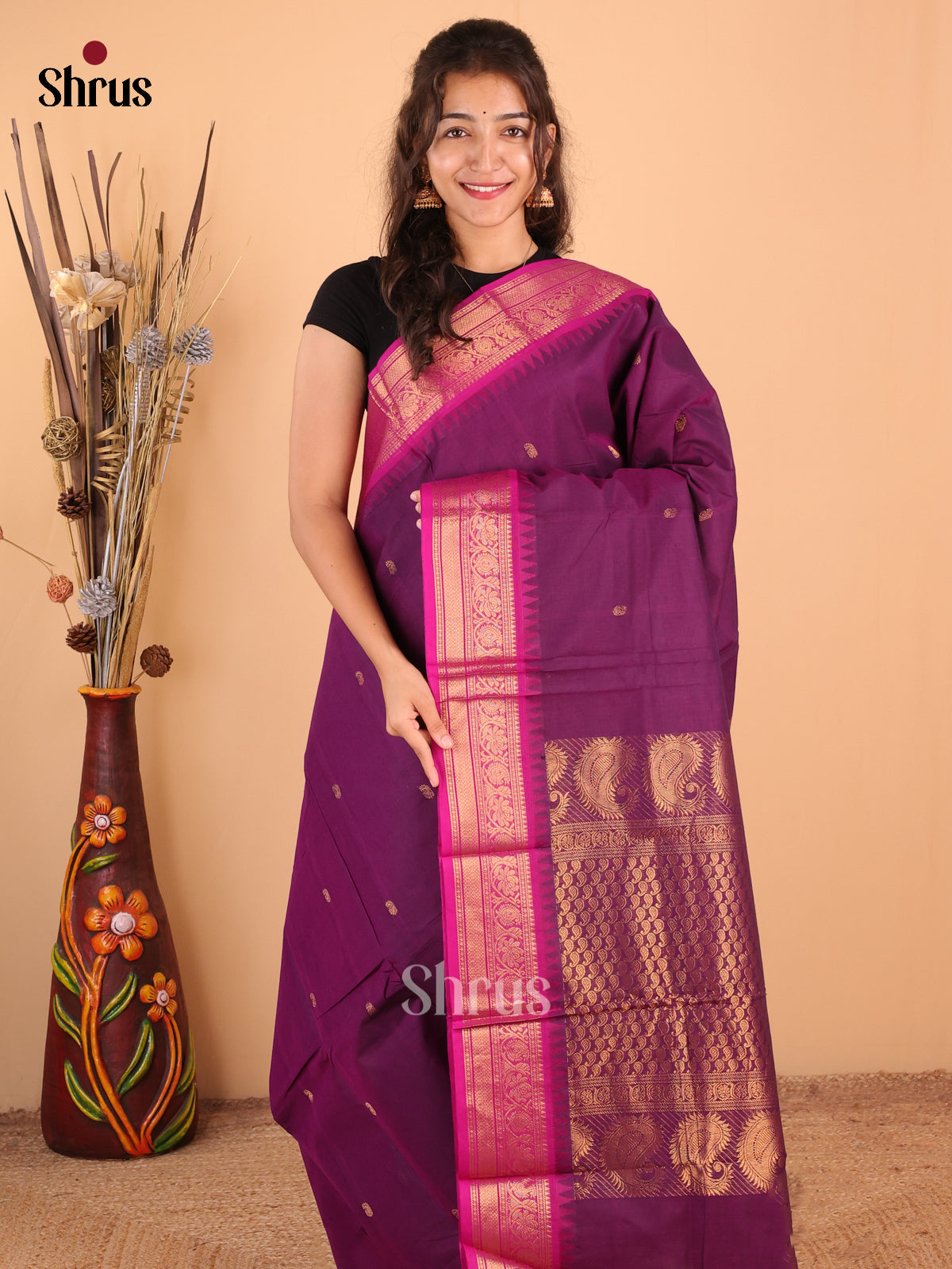 Purple - Chettinad Cotton Saree - DDS09322 - Shop on Shrus.com