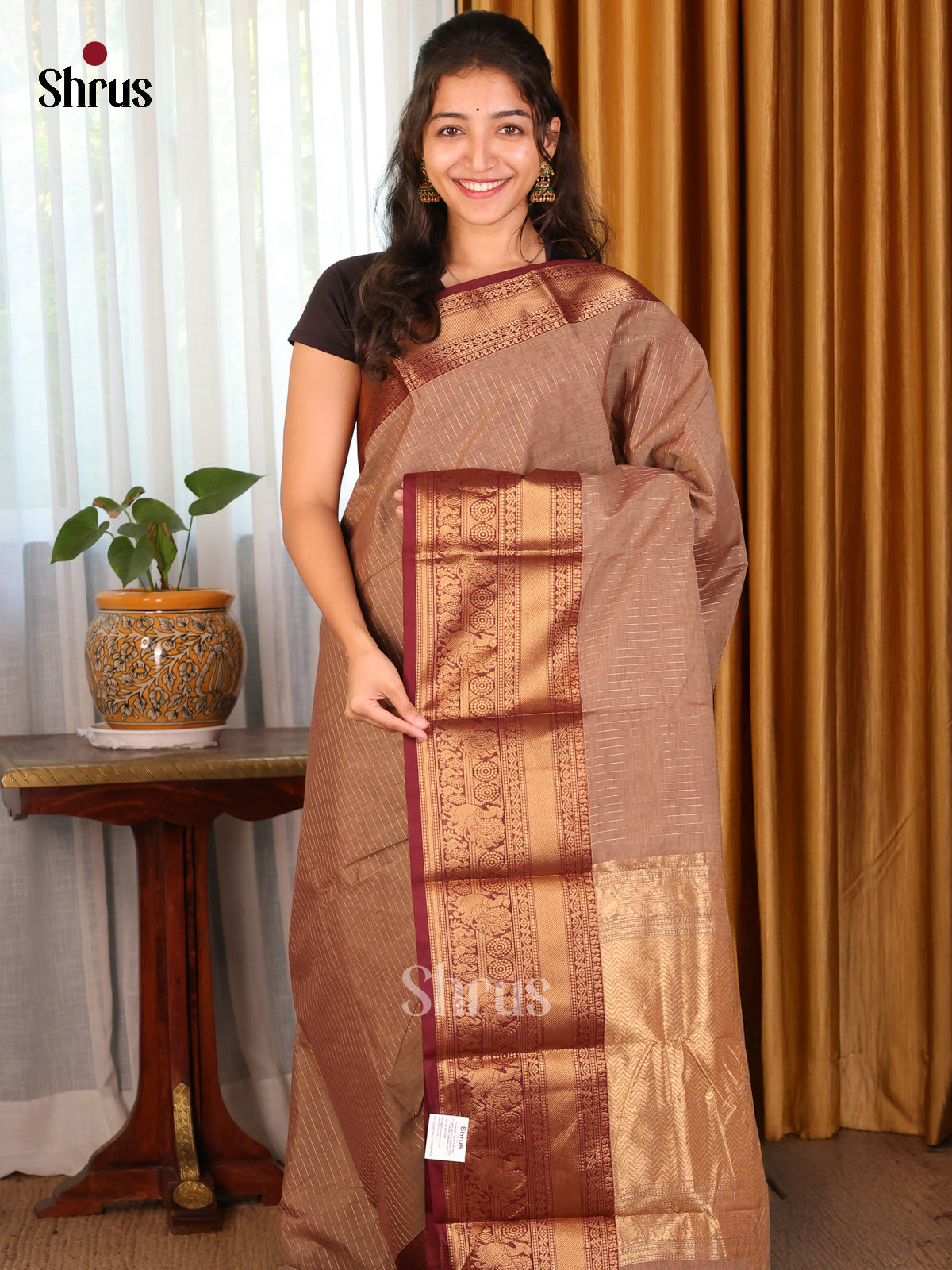 Light brown with Maroon - Chettinad Cotton Saree - DDS09334 - Shop on Shrus.com