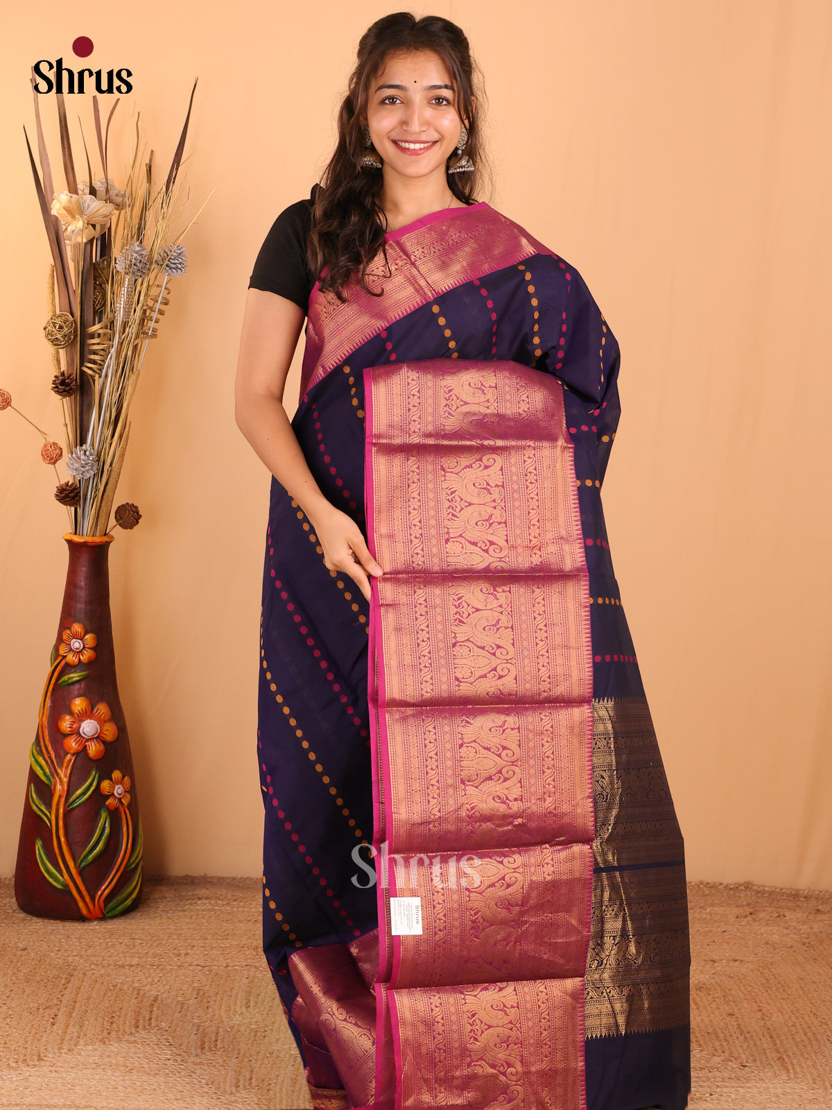 Navy blue with pink - Chettinad Cotton Saree - DDS09349 - Shop on Shrus.com