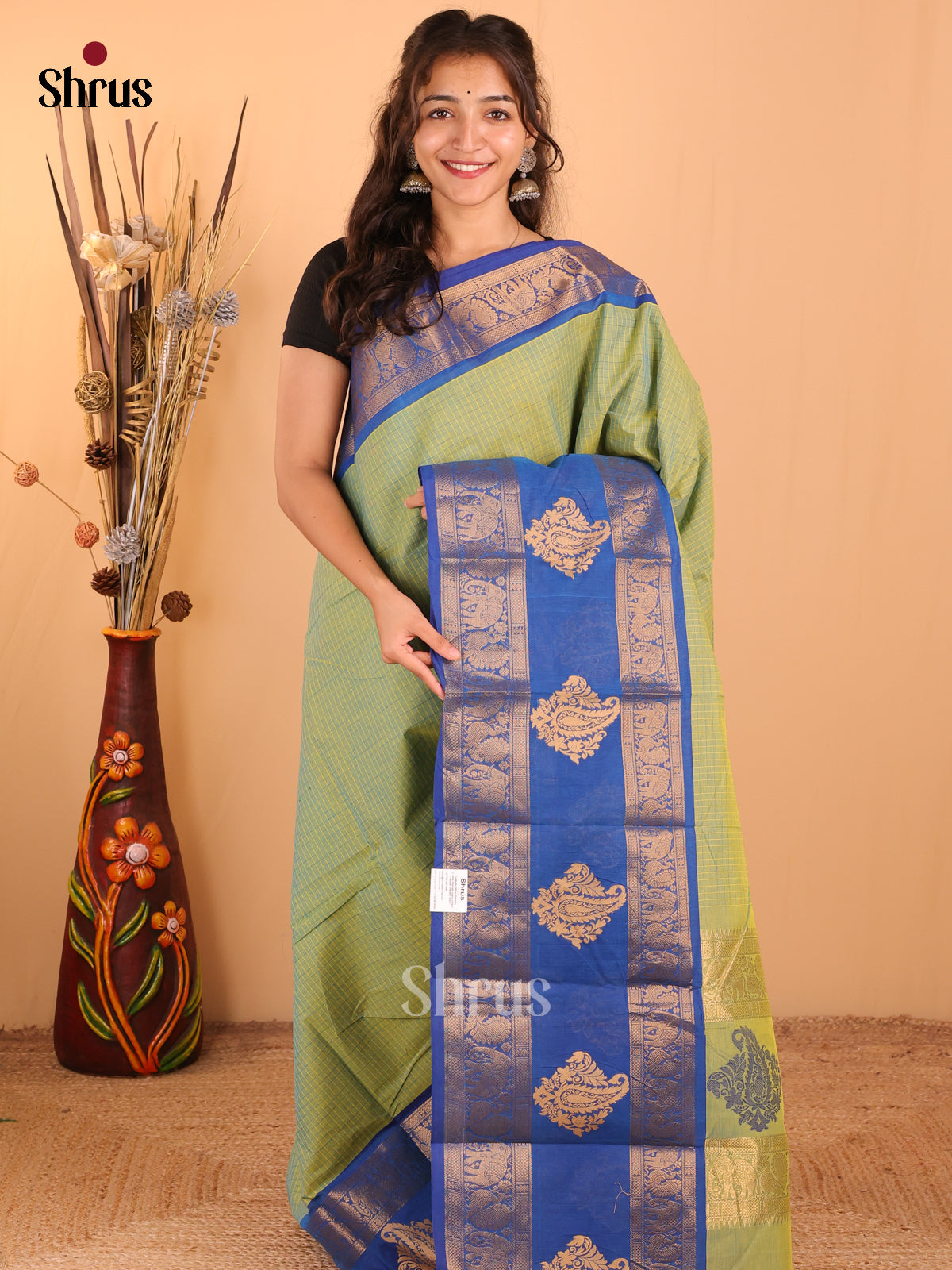 Green with Royal Blue - Chettinad Cotton Saree - DDS09355 - Shop on Shrus.com