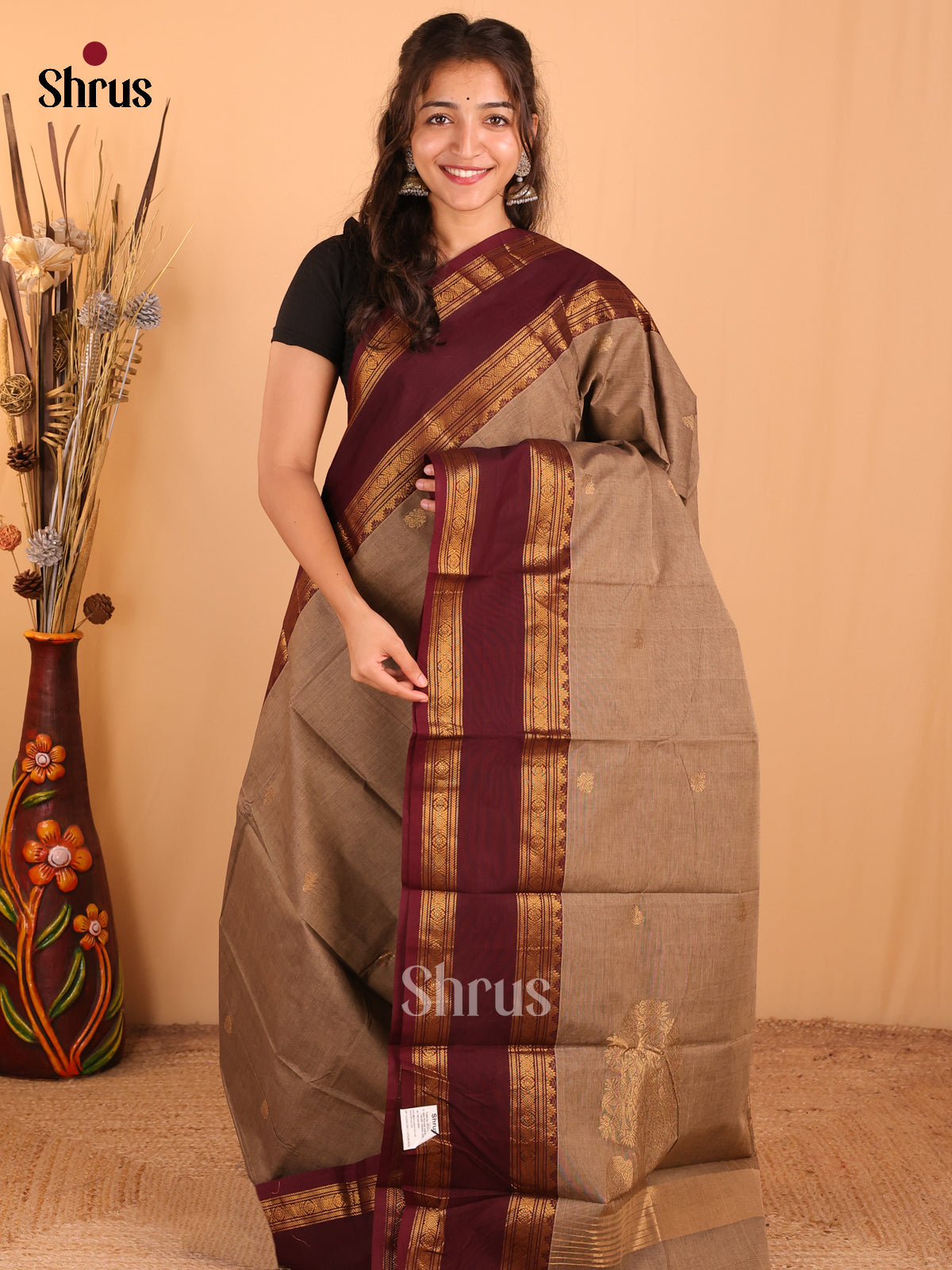 Light brown with Dark Maroon - Chettinad Cotton Saree - DDS09392 - Shop on Shrus.com