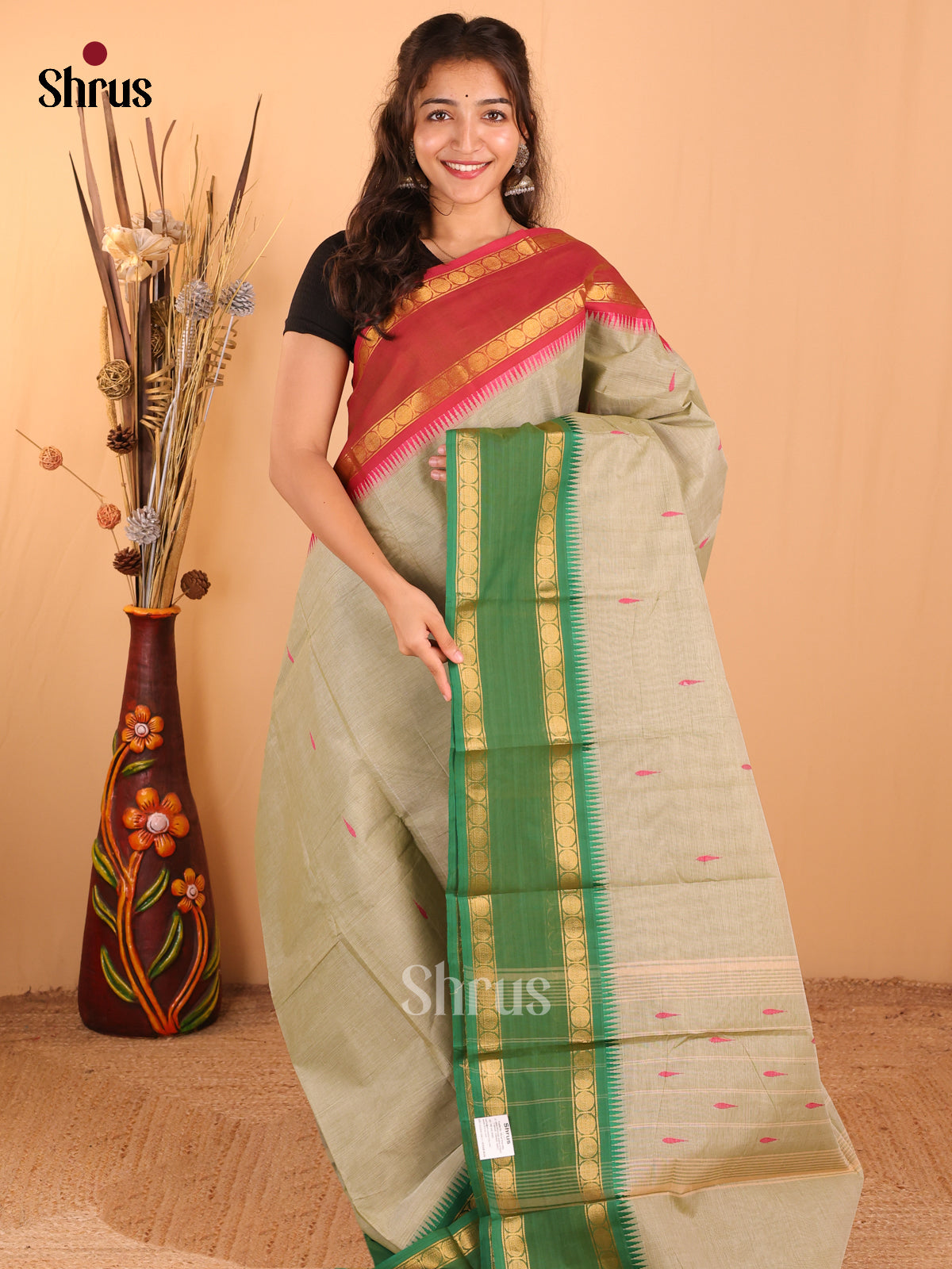 Pastel green with Green & pink Border - Chettinad Cotton Saree - DDS10001 - Shop on Shrus.com