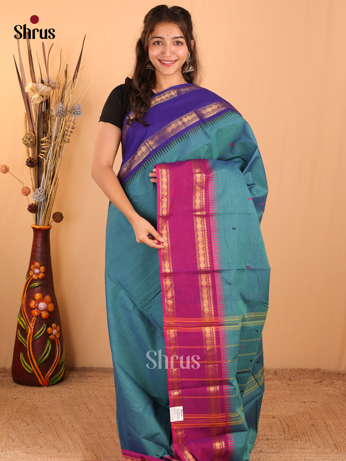 Blue - Ganga Jamuna Chettinad Cotton Saree - DDS10002 - Shop on Shrus.com
