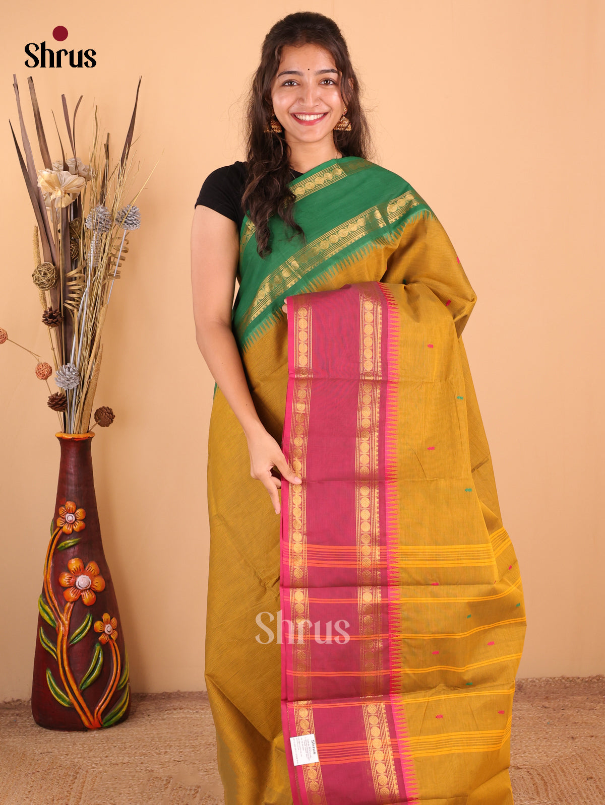 Dark Mustard with pink - Chettinad Cotton Saree - DDS10004 - Shop on Shrus.com