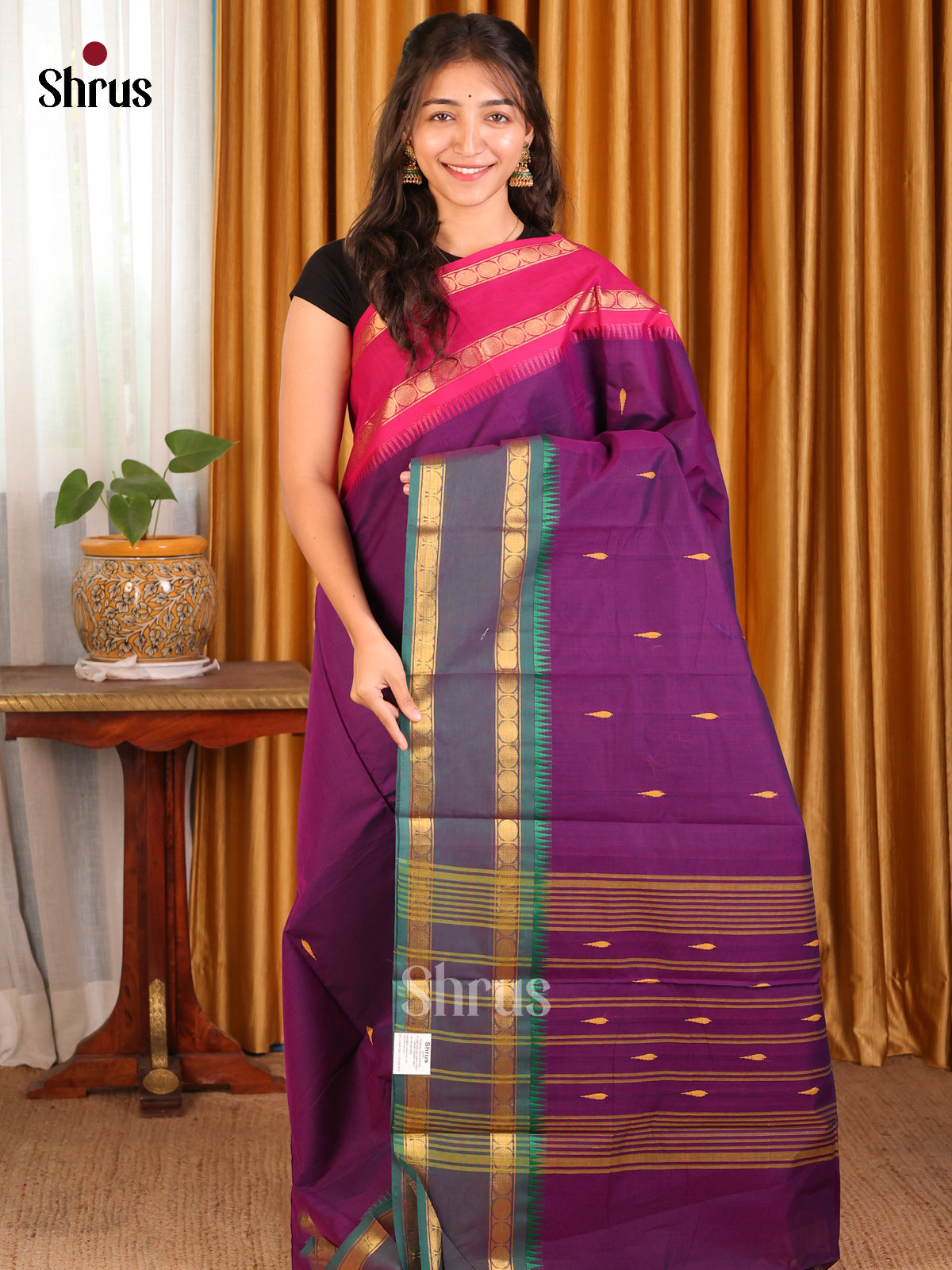 Violet with  Pink - Chettinad Cotton Saree - Shop on Shrus.com