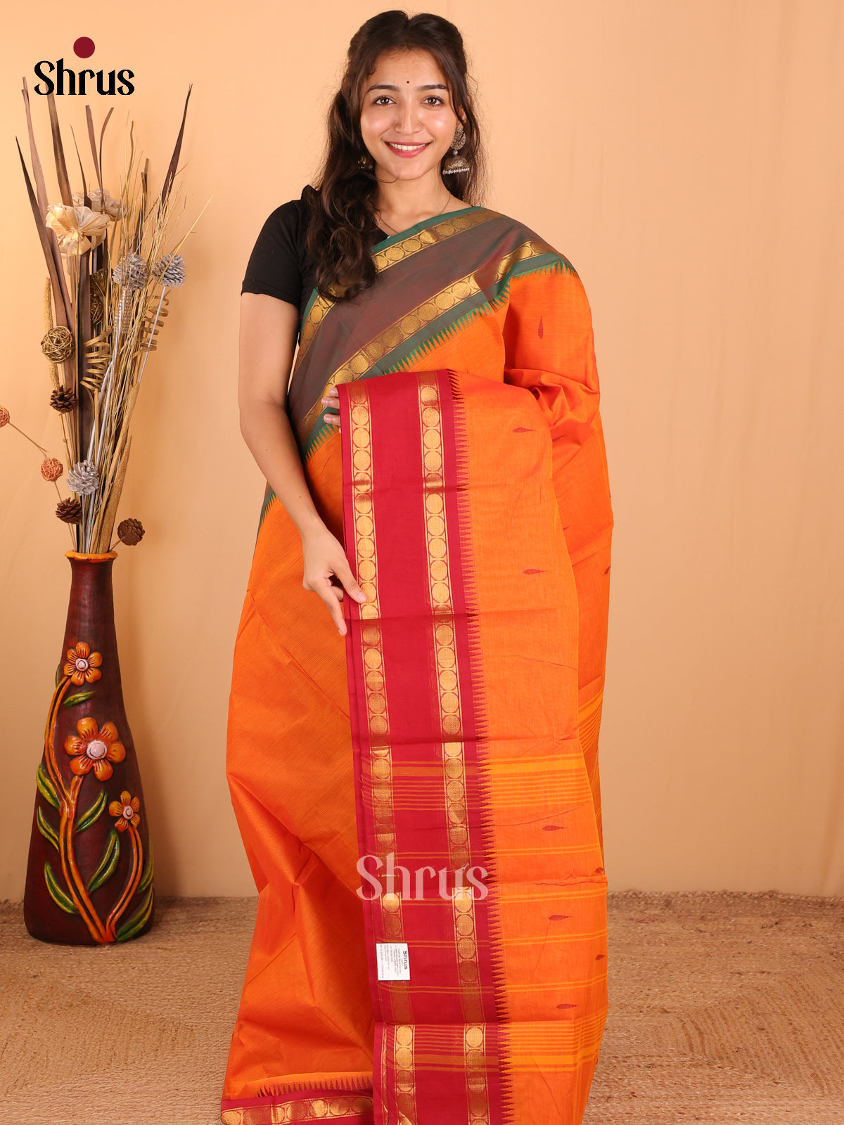 Orange with Green & red border - Chettinad Cotton Saree - DDS10006 - Shop on Shrus.com
