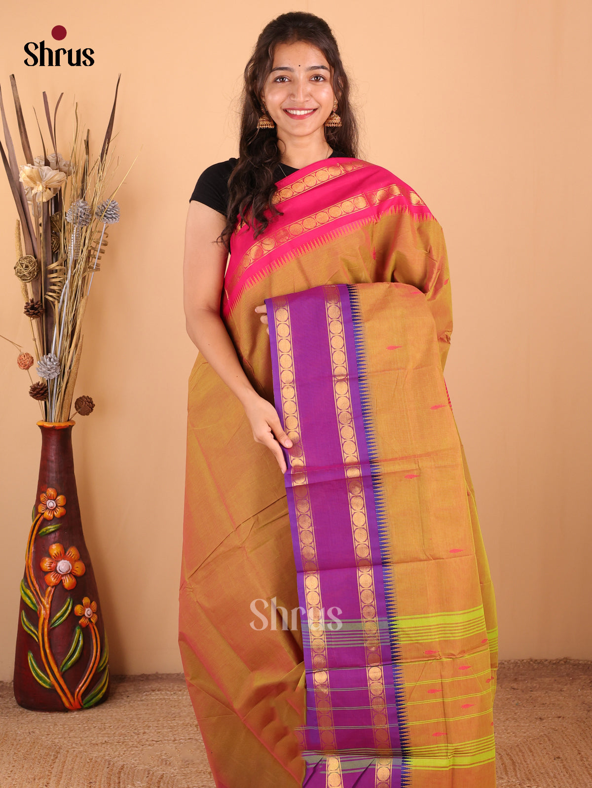 Dual Tone Green with Pink & Violet - Chettinad Cotton Saree - DDS10009 - Shop on Shrus.com