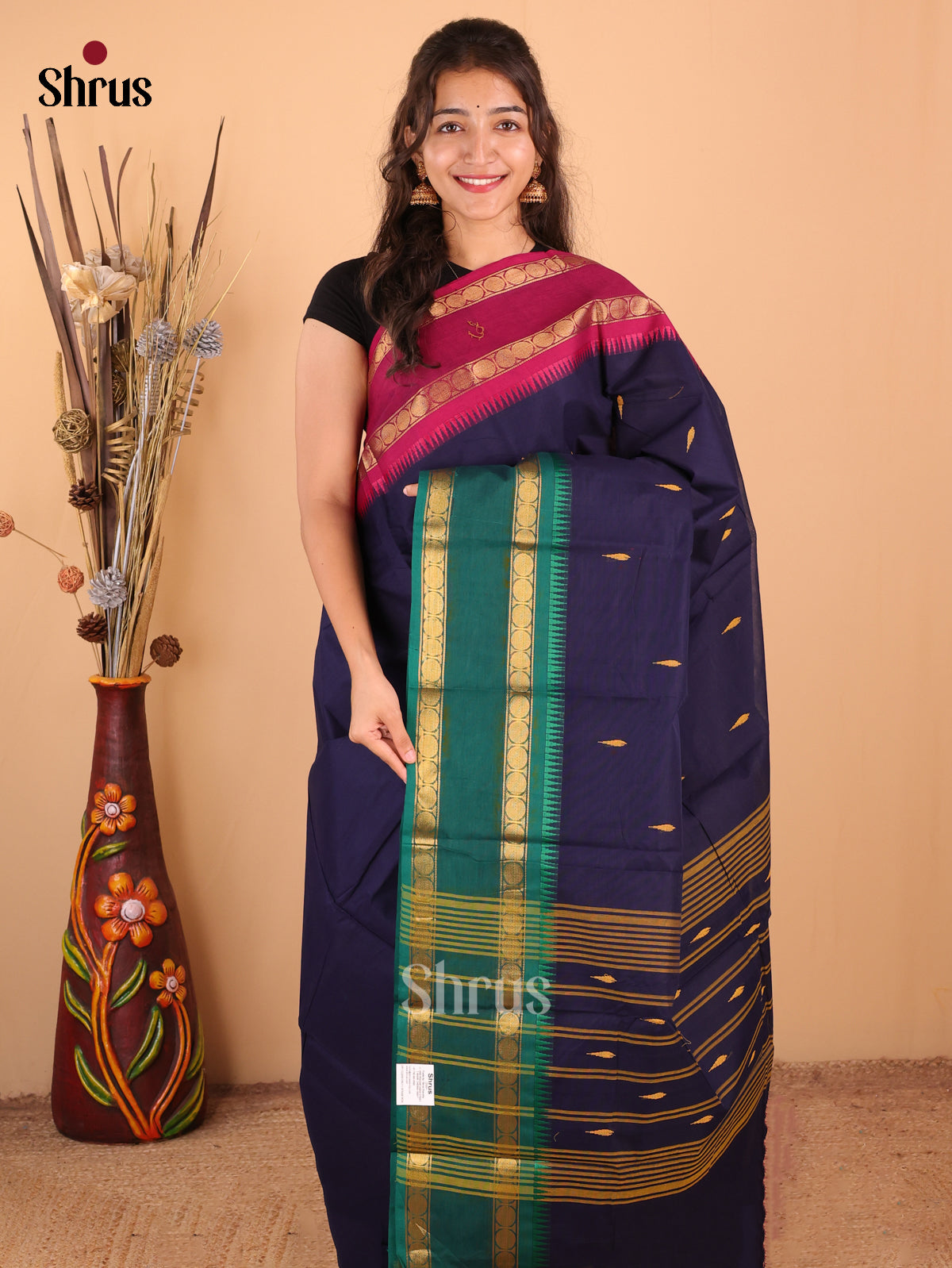 Navy Blue with Green - Chettinad Cotton Saree - DDS10011 - Shop on Shrus.com