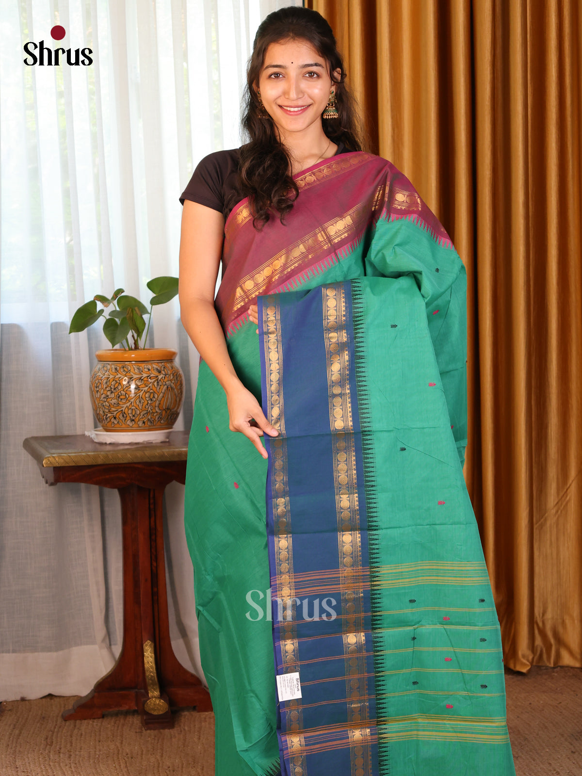 Green with Royal Blue - Chettinad Cotton Saree - DDS10012 - Shop on Shrus.com