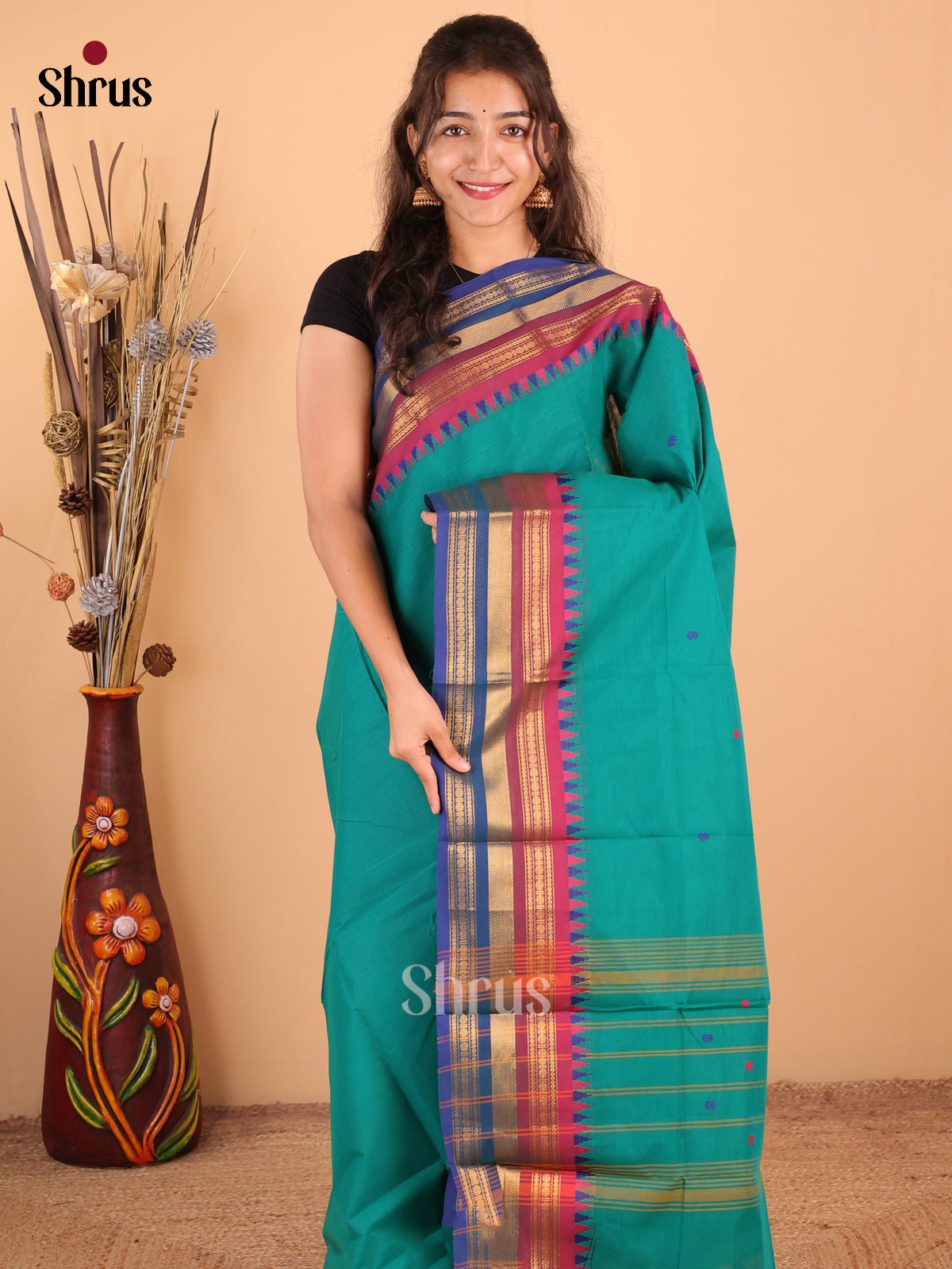 Peacock green with royal Blue - Chettinad Cotton Saree - DDS10015 - Shop on Shrus.com