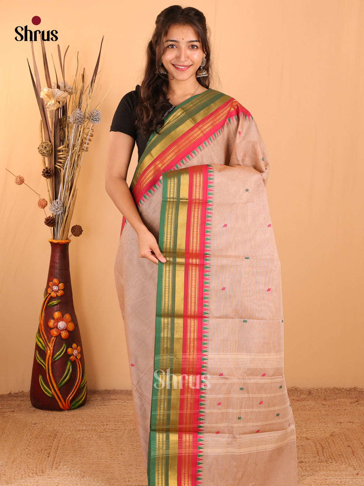 Beige with Green - Chettinad Cotton Saree - DDS10017 - Shop on Shrus.com