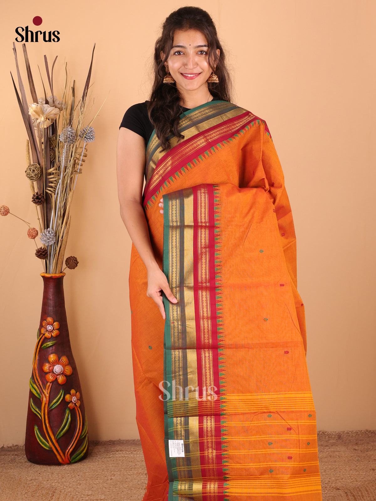 Rust with green - Chettinad Cotton Saree - DDS10020 - Shop on Shrus.com