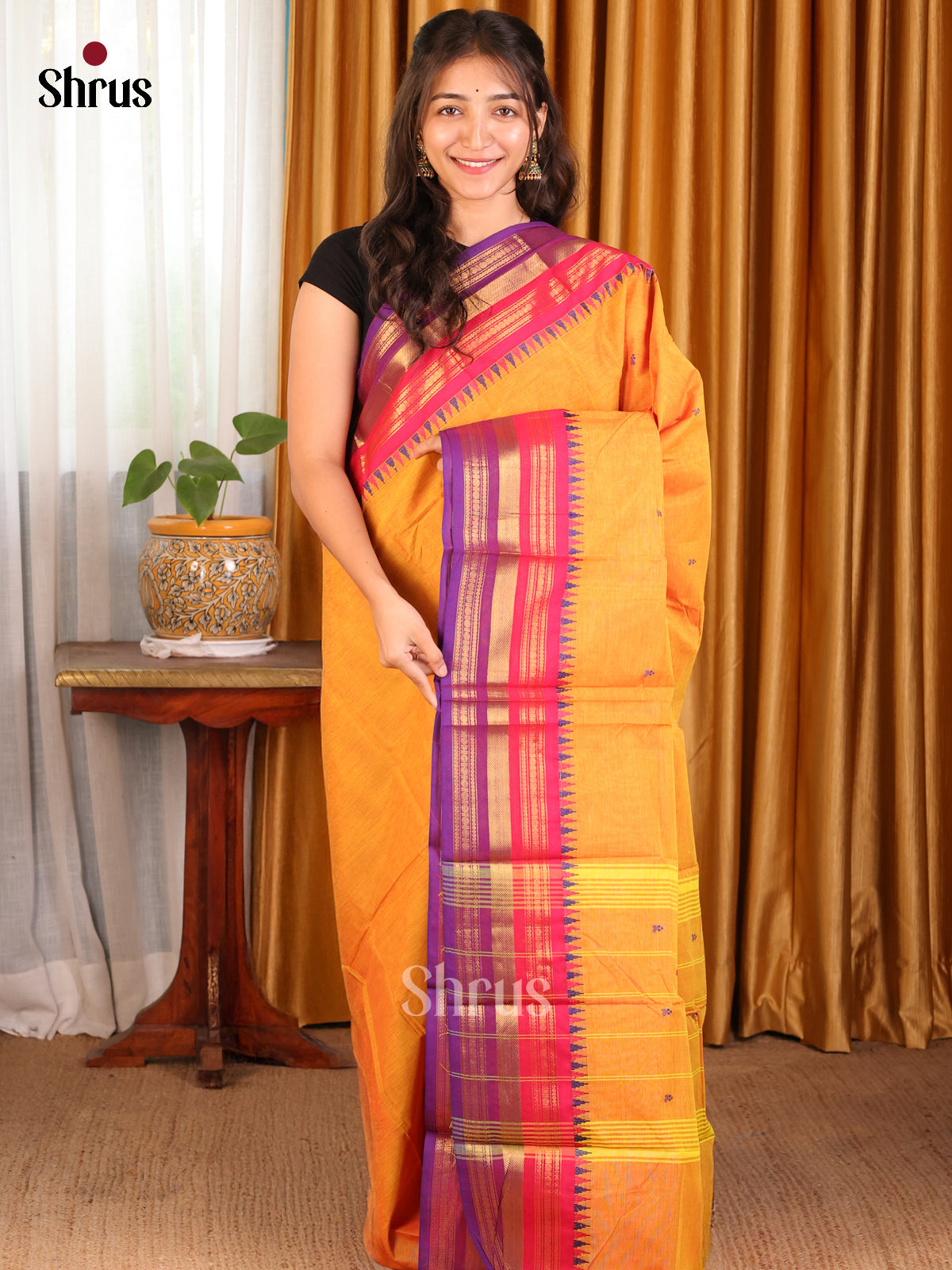 Mustard with Pink - Chettinad Cotton Saree - Shop on Shrus.com