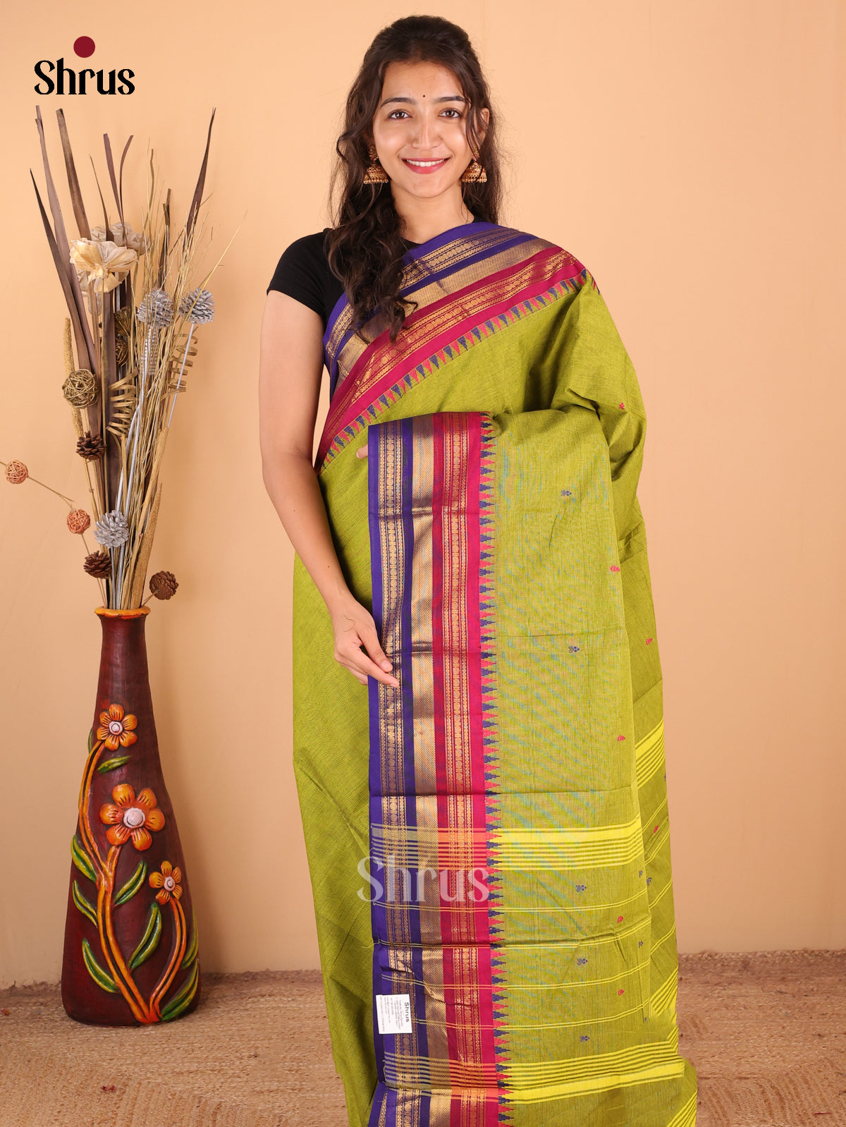 Olive Green with Royal Green - Chettinad Cotton Saree - DDS10022 - Shop on Shrus.com