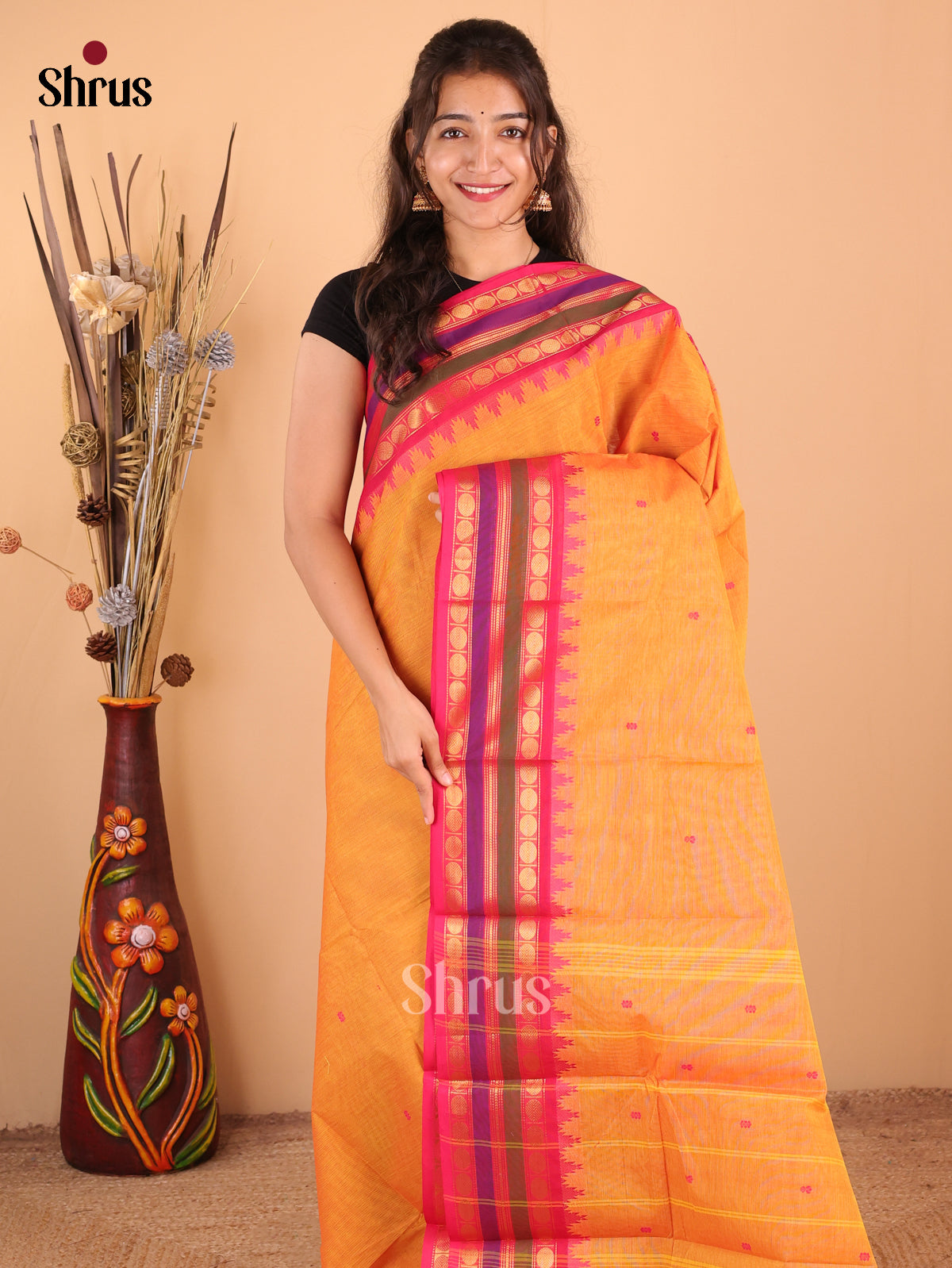 Mustard with Pink - Chettinad Cotton Saree - DDS10023 - Shop on Shrus.com