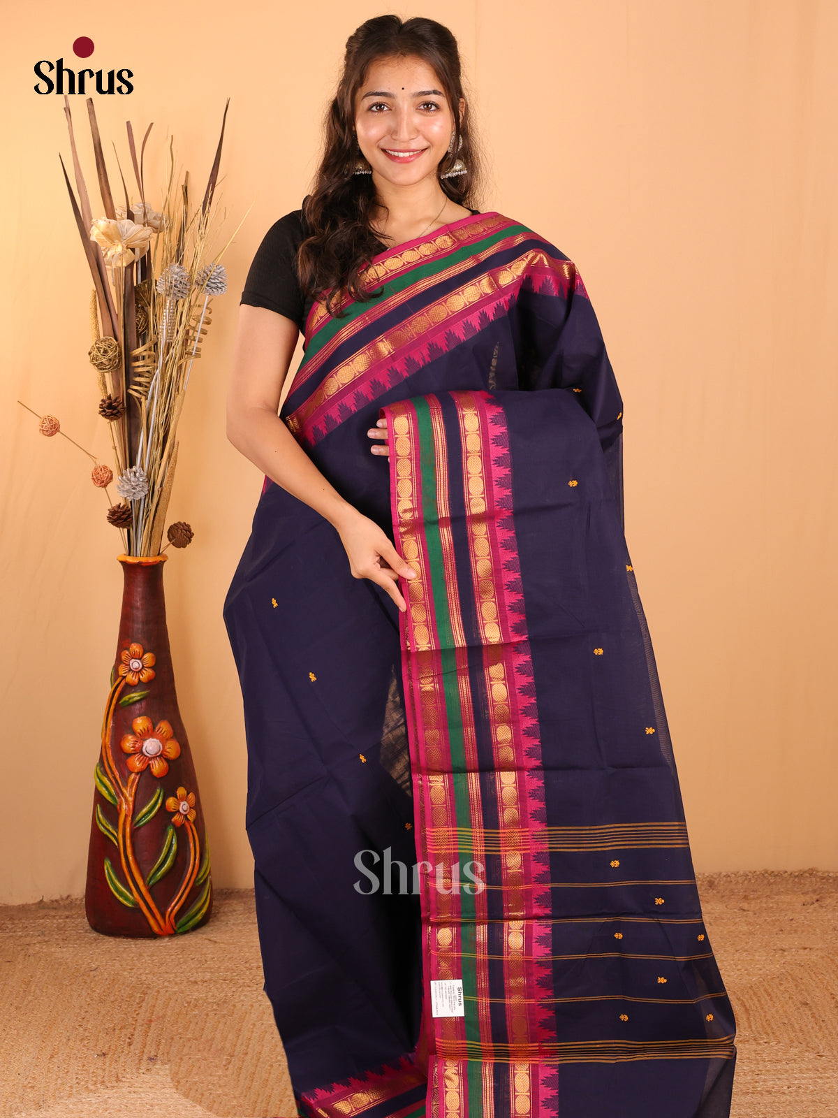 Navy blue with pink - Chettinad Cotton Saree - DDS10024 - Shop on Shrus.com