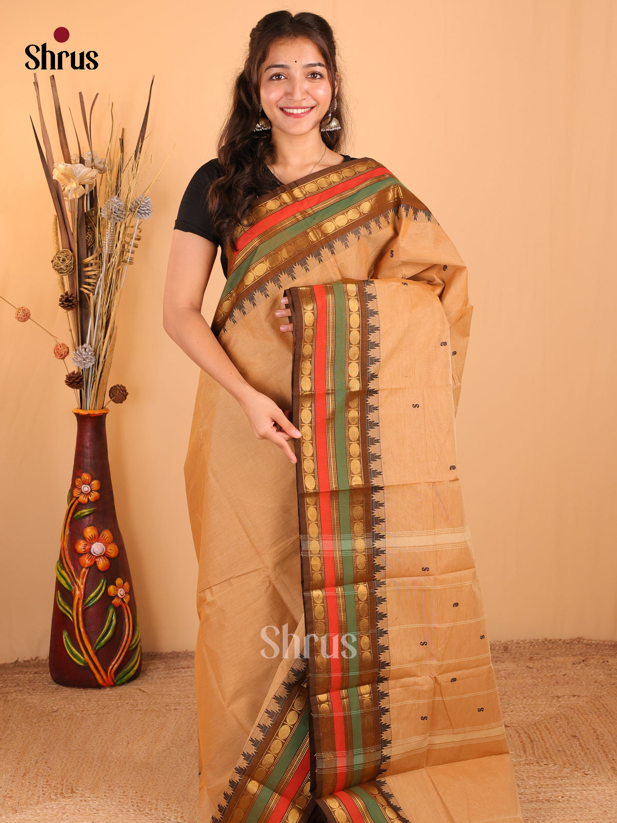 Sandal with Brown - Chettinad Cotton Saree - DDS10026 - Shop on Shrus.com