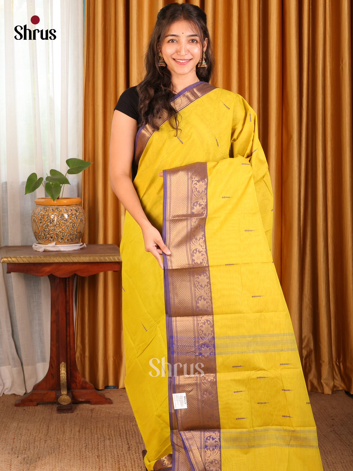 Yellow with Purple - Chettinad Cotton Saree - Shop on Shrus.com