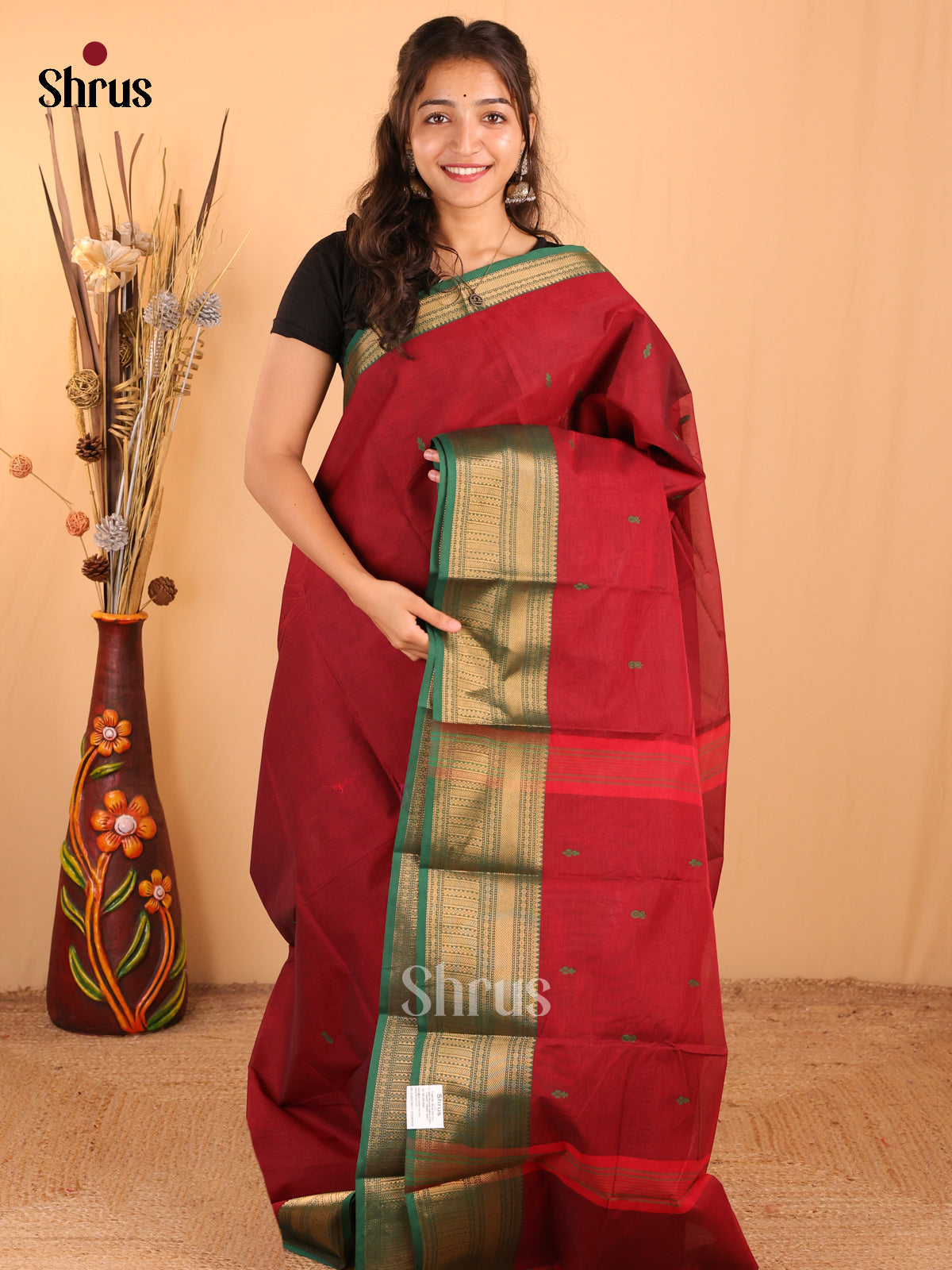 Maroon with Green - Chettinad Cotton Saree - DDS10040 - Shop on Shrus.com