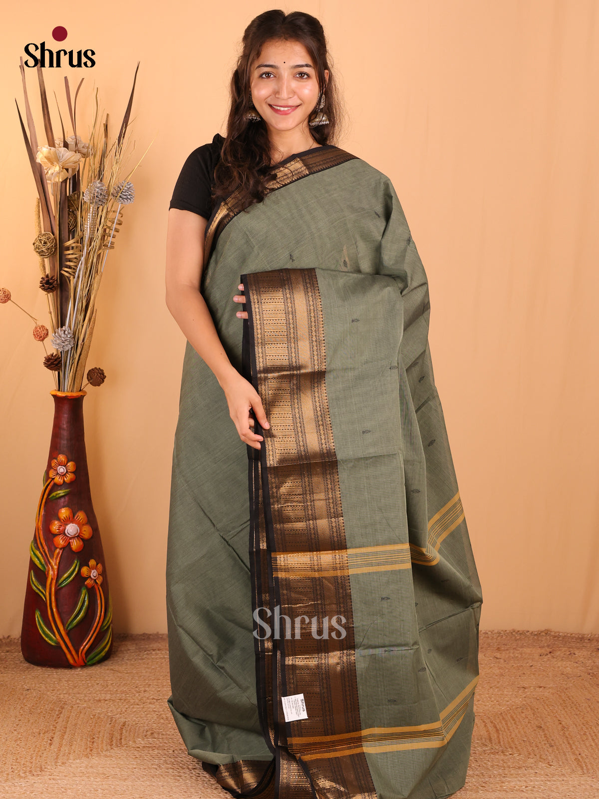 Army green with Black - Chettinad Cotton Saree - DDS10043 - Shop on Shrus.com