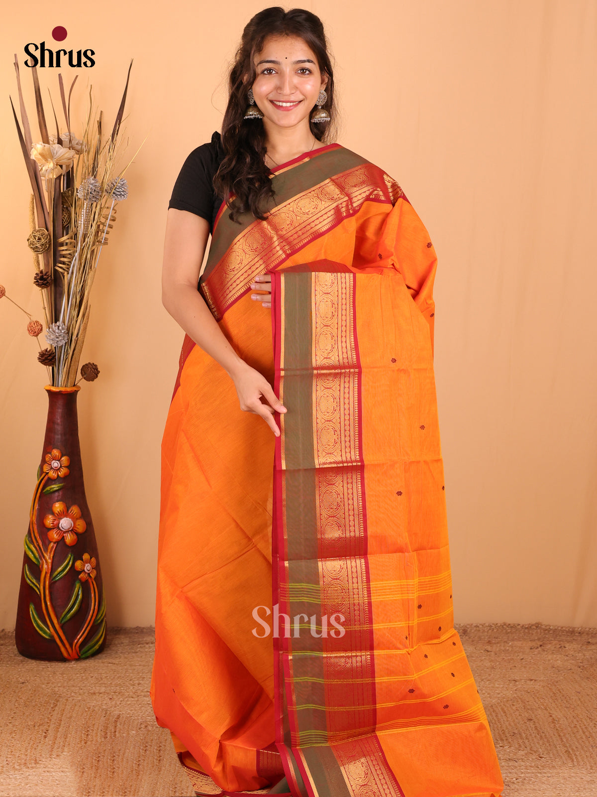 Orange with Olive green - Chettinad Cotton Saree - DDS10053 - Shop on Shrus.com