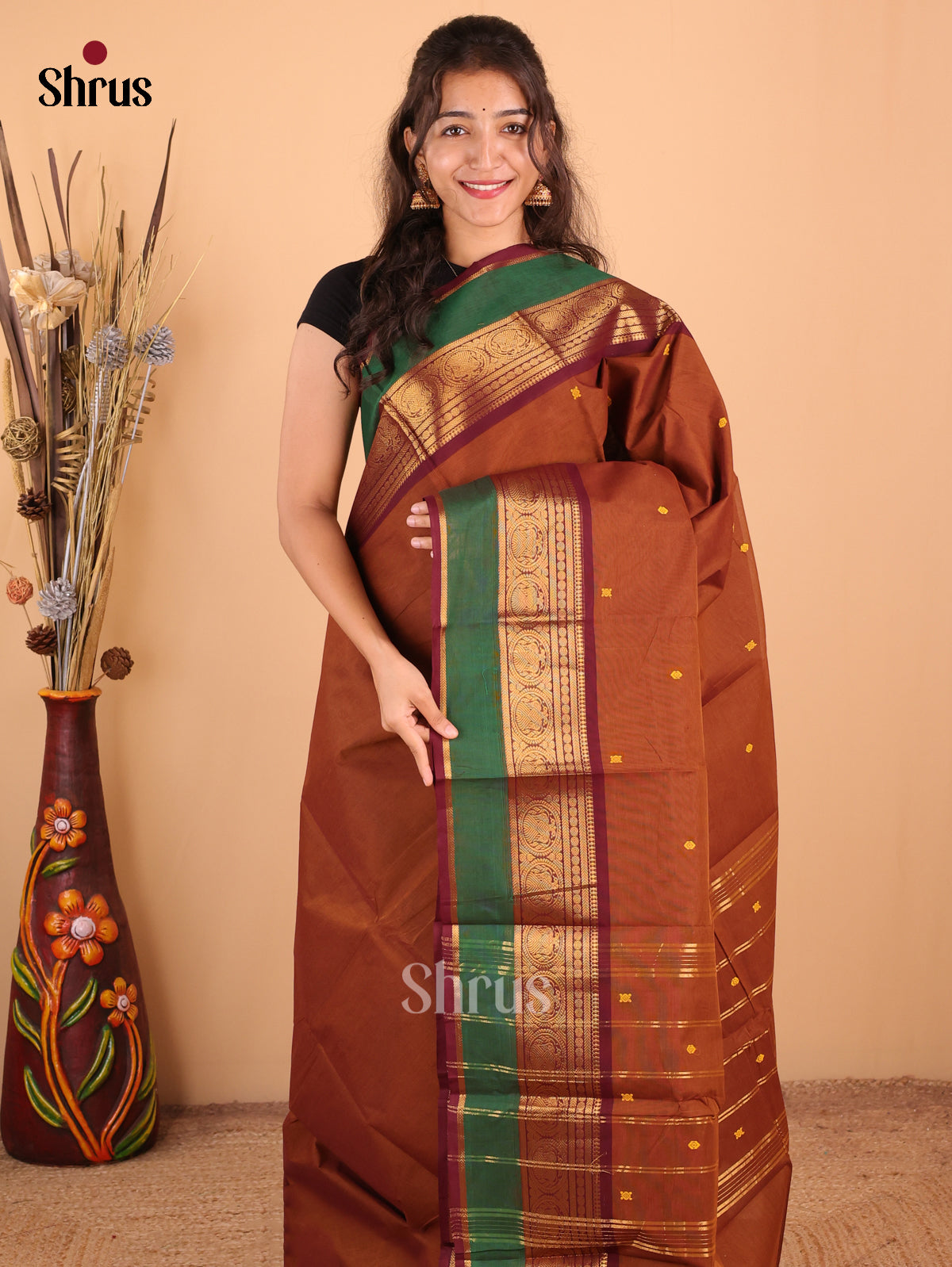 Coffee Brown with Dark Maroon - Chettinad Cotton Saree - DDS10054 - Shop on Shrus.com