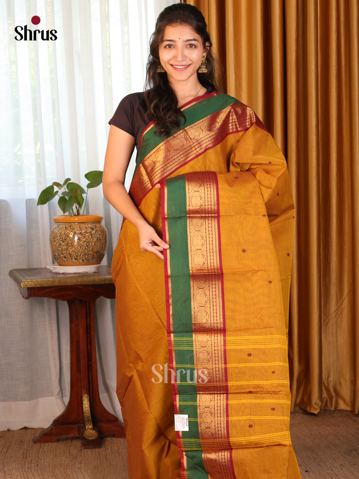 Mustard with maroon - Chettinad Cotton Saree - DDS10056 - Shop on Shrus.com