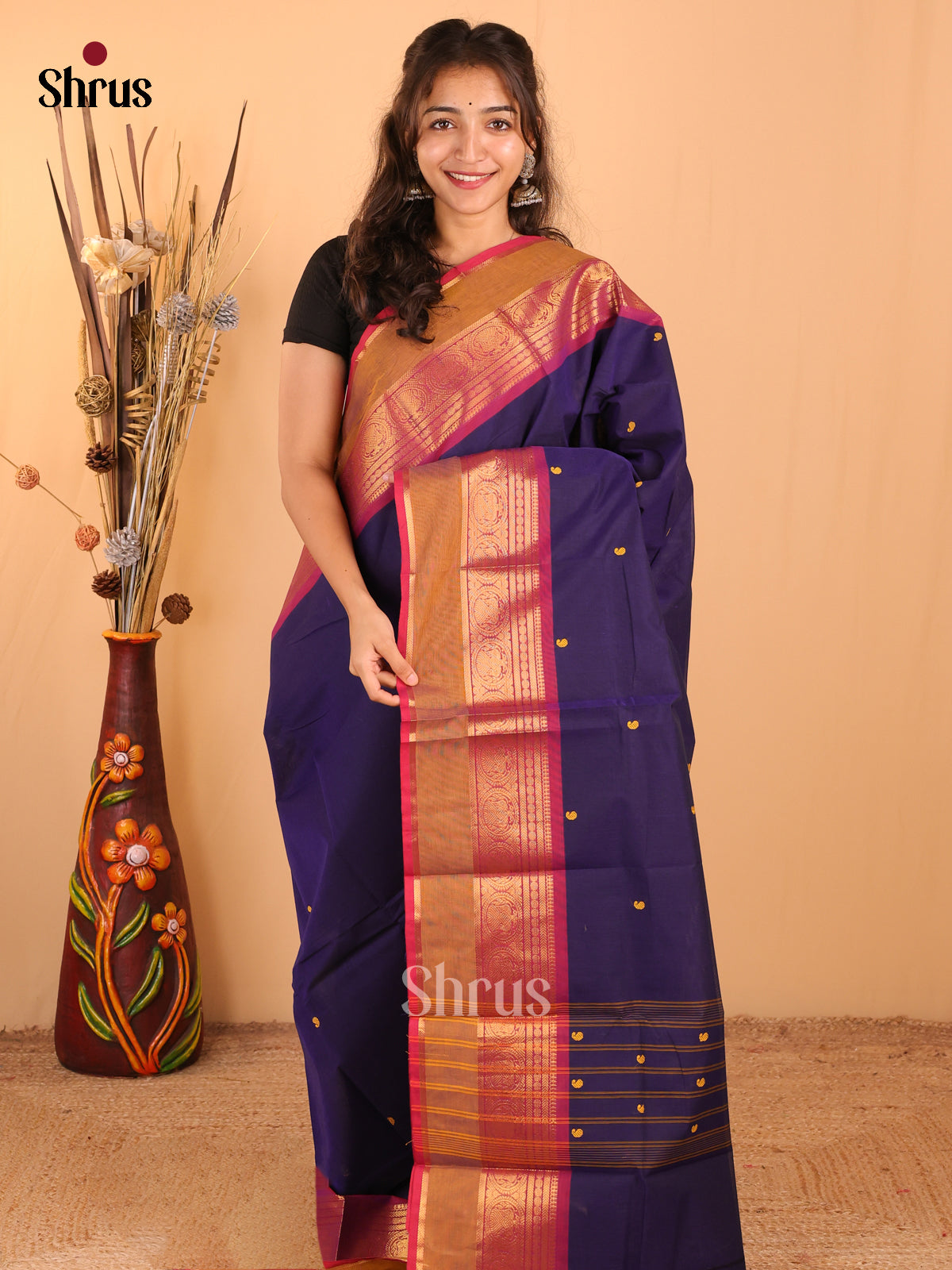 Navy blue with pink - Chettinad Cotton Saree - DDS10058 - Shop on Shrus.com