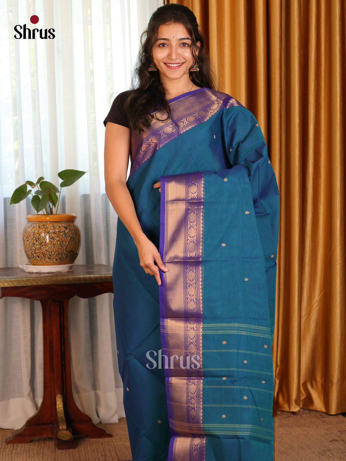 Peacock blue with Royal Blue - Chettinad Cotton Saree - DDS10061 - Shop on Shrus.com