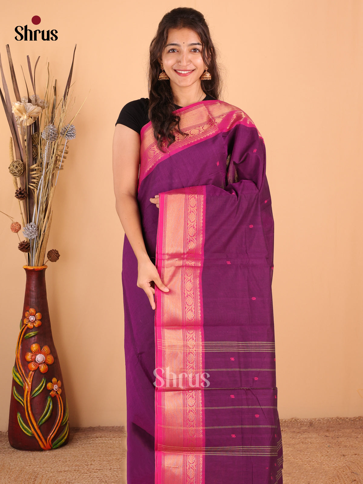 Purple with pink - Chettinad Cotton Saree - DDS10064 - Shop on Shrus.com