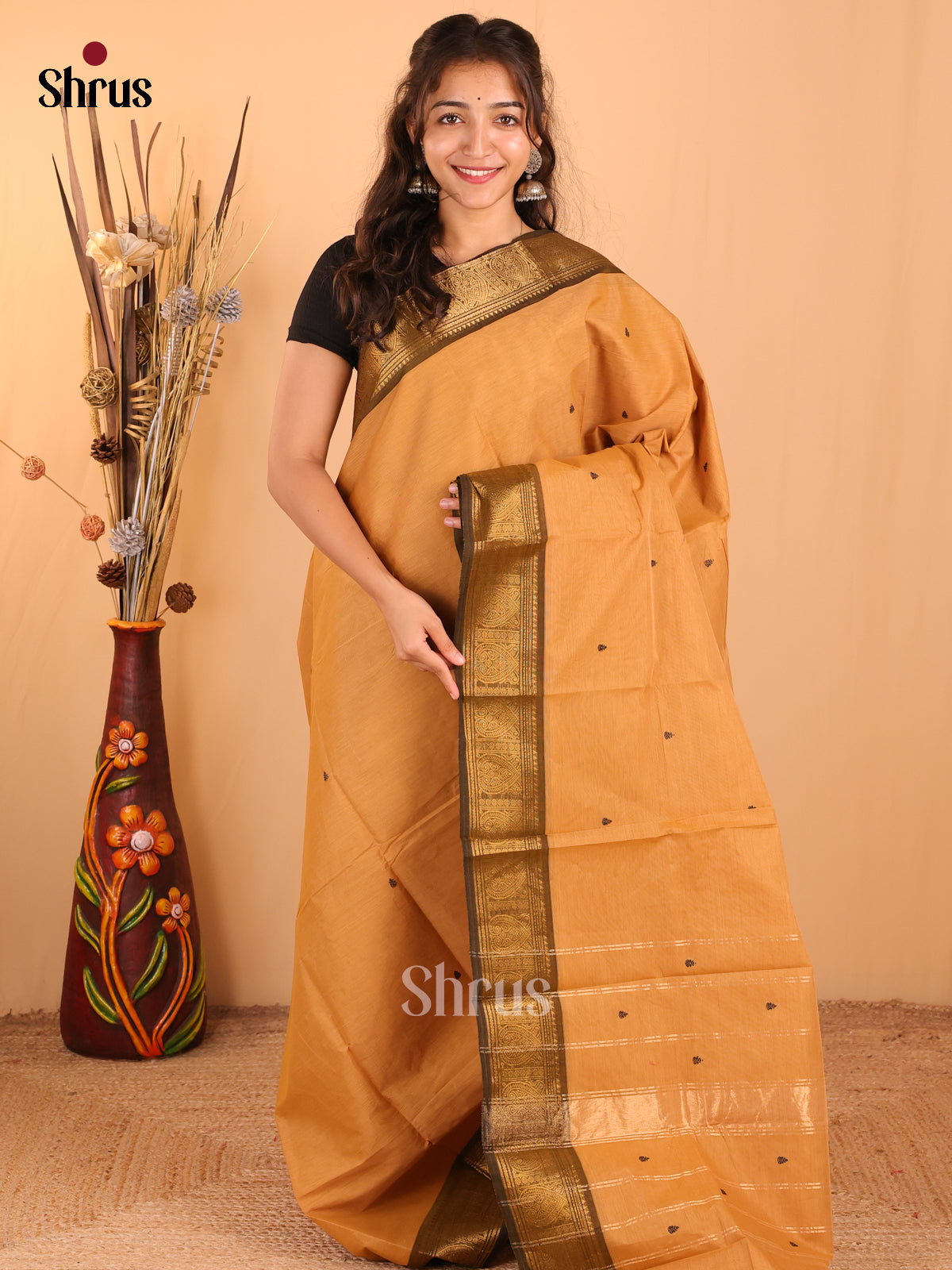 sandal with green - Chettinad Cotton Saree - DDS10070 - Shop on Shrus.com