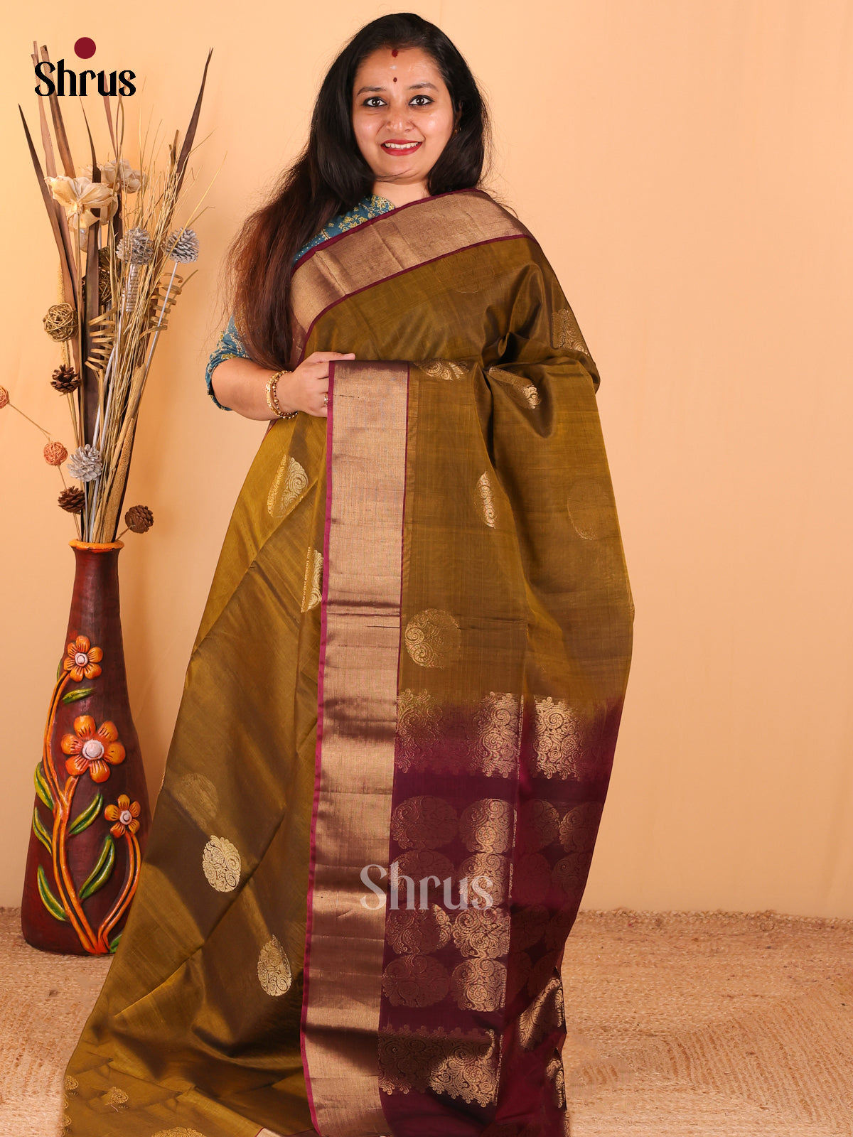 Mustard yellow with Purple - Silk Cotton Saree - DDS10082 - Shop on Shrus.com