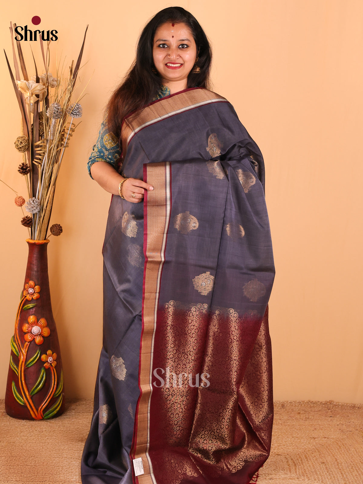 Dark Grey with Wine - Silk Cotton Saree - DDS10090 - Shop on Shrus.com