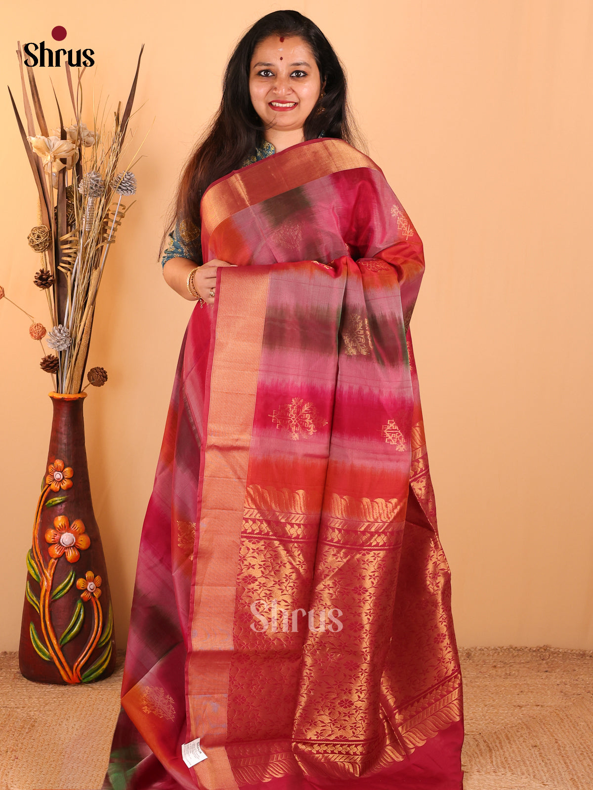 Pink with Green - Silk Cotton Saree - DDS10103 - Shop on Shrus.com